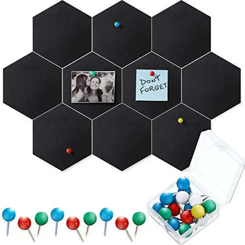 10 Packs Pin Board Hexagon Felt Board Tiles Bulletin Board Memo Board with 20 Pieces Push Pins, Decoration for Home Office Classroom Wall (Black, 5.9 x 7 Inches/ 15 x 17.7 cm)