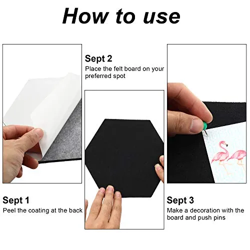 10 Packs Pin Board Hexagon Felt Board Tiles Bulletin Board Memo Board with 20 Pieces Push Pins, Decoration for Home Office Classroom Wall (Black, 5.9 x 7 Inches/ 15 x 17.7 cm)