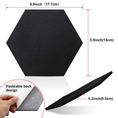 10 Packs Pin Board Hexagon Felt Board Tiles Bulletin Board Memo Board with 20 Pieces Push Pins, Decoration for Home Office Classroom Wall (Black, 5.9 x 7 Inches/ 15 x 17.7 cm)
