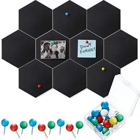 10 Packs Pin Board Hexagon Felt Board Tiles Bulletin Board Memo Board with 20 Pieces Push Pins, Decoration for Home Office Classroom Wall (Black, 5.9 x 7 Inches/ 15 x 17.7 cm)