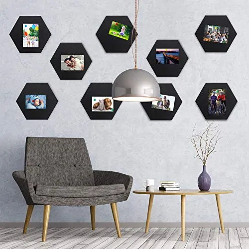10 Packs Pin Board Hexagon Felt Board Tiles Bulletin Board Memo Board with 20 Pieces Push Pins, Decoration for Home Office Classroom Wall (Black, 5.9 x 7 Inches/ 15 x 17.7 cm)