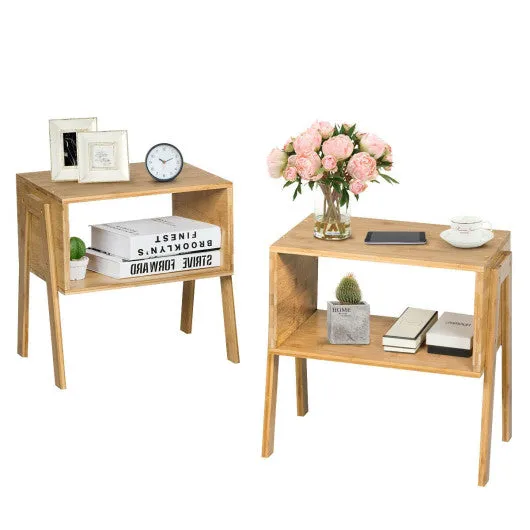 2 Pieces Bamboo Storage Shelf Nightstand Sofa Table