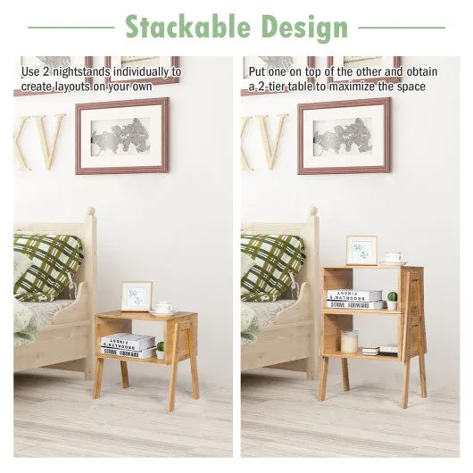 2 Pieces Bamboo Storage Shelf Nightstand Sofa Table