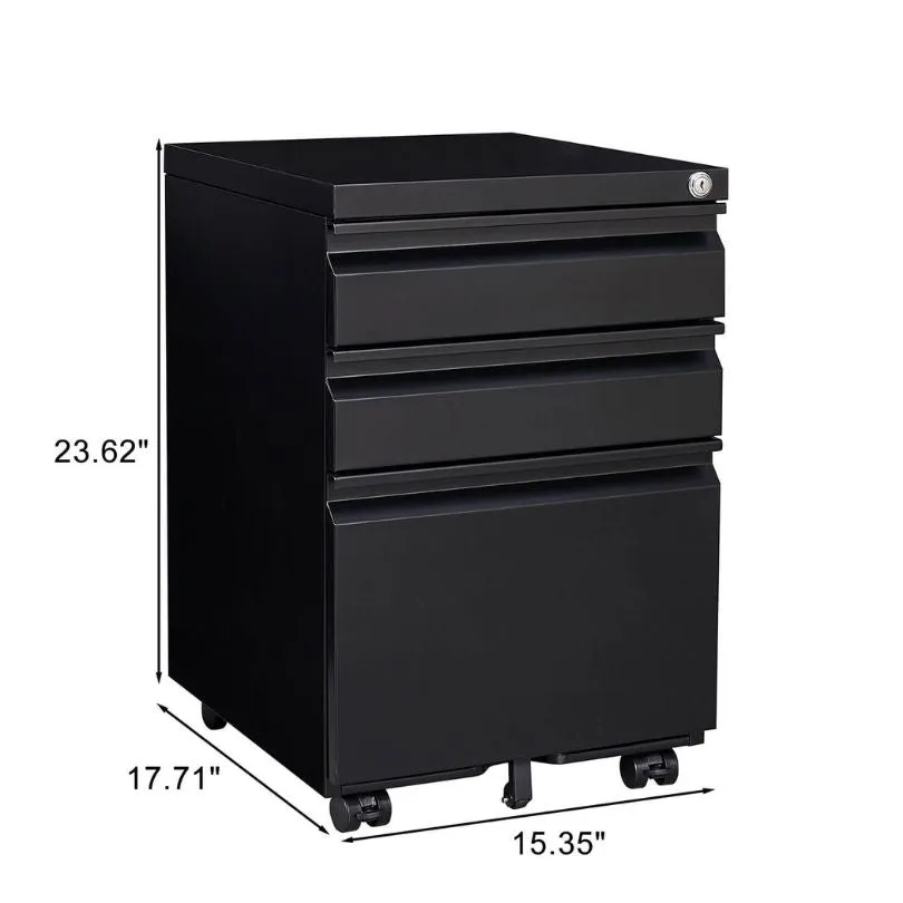 3-Drawer Mobile Metal Filing Cabinet with Lock