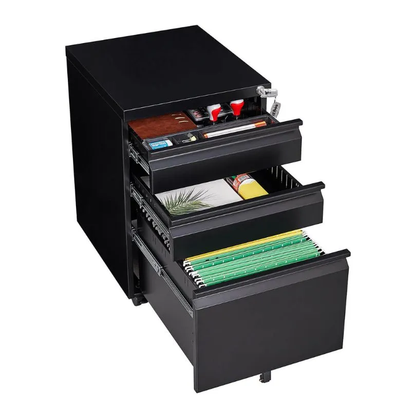 3-Drawer Mobile Metal Filing Cabinet with Lock