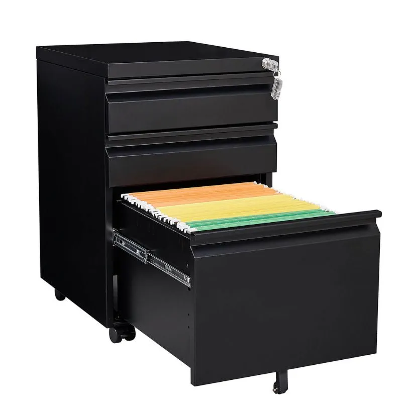 3-Drawer Mobile Metal Filing Cabinet with Lock