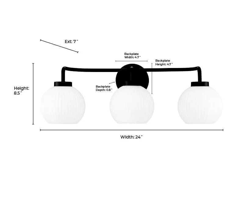 3 Lamps Oprah Vanity Light - Matte Black - Opal Ribbed Glass - 24in. Wide