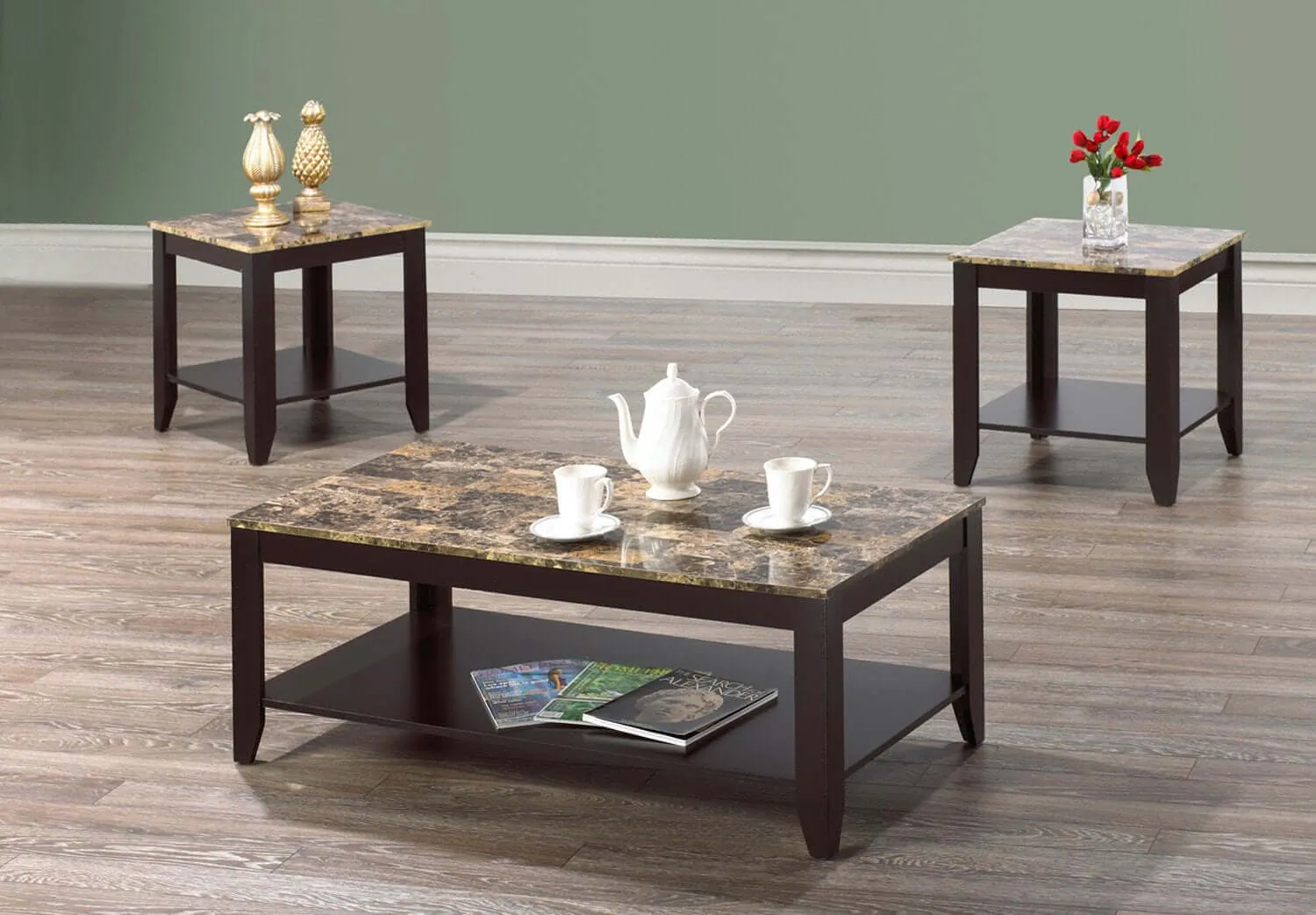 3 Piece Faux Marble top Coffee Set with Lower Shelves