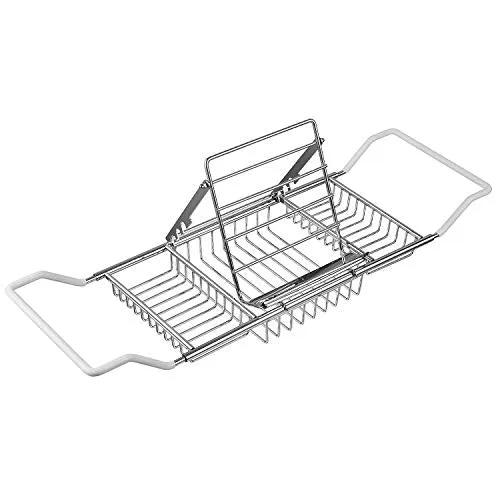 304 Stainless Steel Bathtub Caddy Tray Expandable Bath Organizer, Tub Shelf for Reading with Book Rack,Perfect for Relaxing,Fits Most Bathtubs