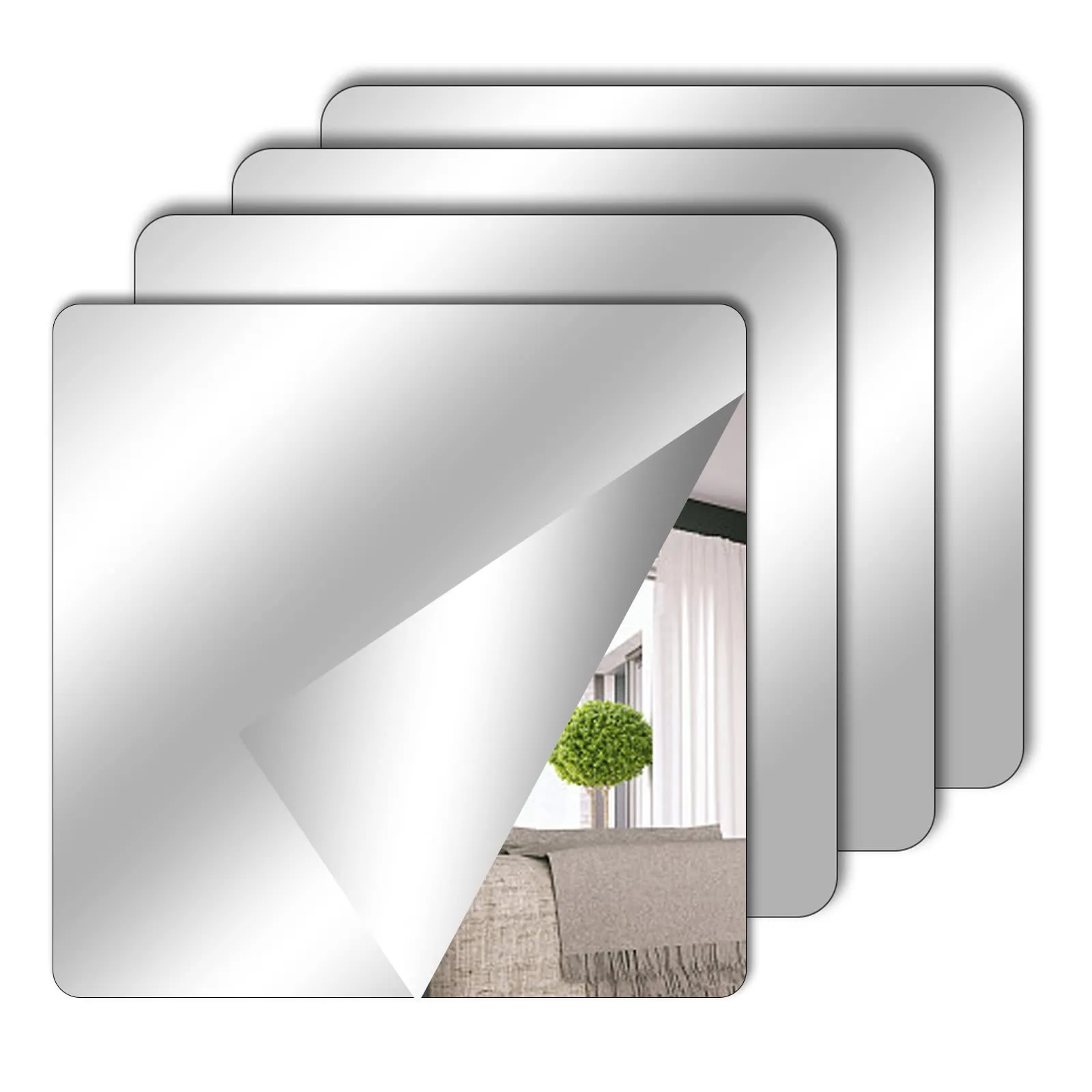 4 Pieces Mirror Self Adhesive Stick on Mirror 15 x 15 cm Acrylic Mirror School Mirrors Flexible Mirror Sheets Mirror Stickers for Wall School Home Living Room Bathroom Bedroom