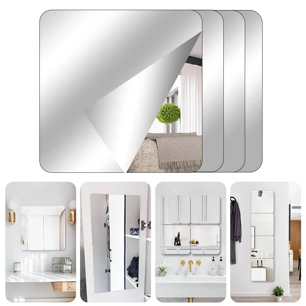 4 Pieces Mirror Self Adhesive Stick on Mirror 15 x 15 cm Acrylic Mirror School Mirrors Flexible Mirror Sheets Mirror Stickers for Wall School Home Living Room Bathroom Bedroom