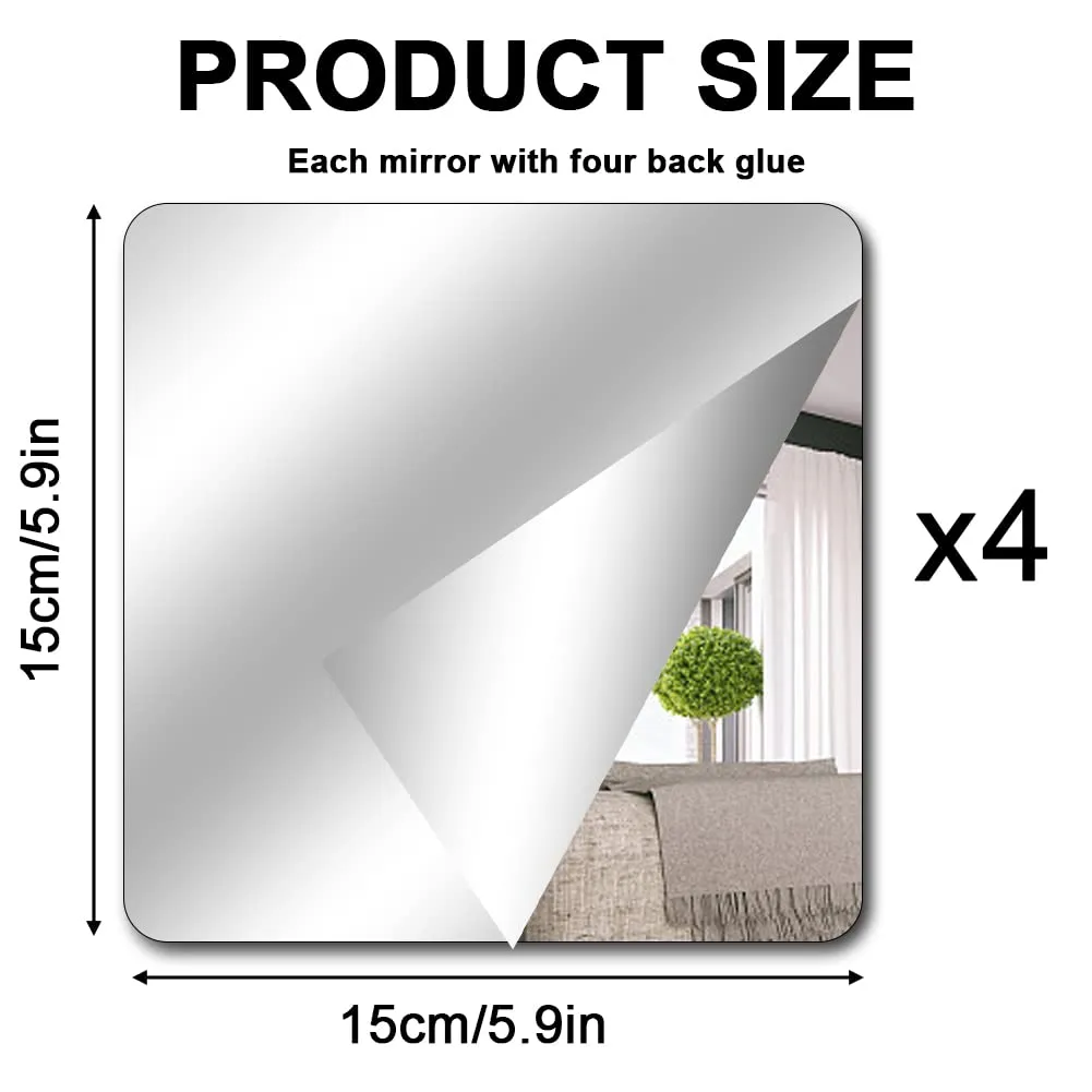 4 Pieces Mirror Self Adhesive Stick on Mirror 15 x 15 cm Acrylic Mirror School Mirrors Flexible Mirror Sheets Mirror Stickers for Wall School Home Living Room Bathroom Bedroom