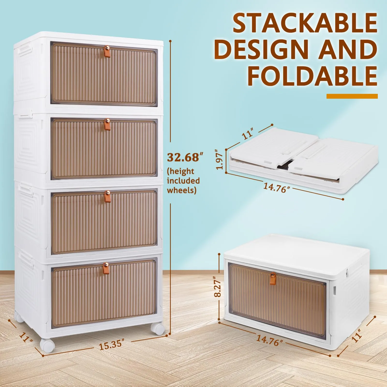 4 Tier Stackable Plastic Storage Bins with Lid and Wheels - 23 QT Closet Organizers and Storage, Foldable Storage Containers, Organization and Storage Boxes for Craft, Home, Pantry, Office, Dorm