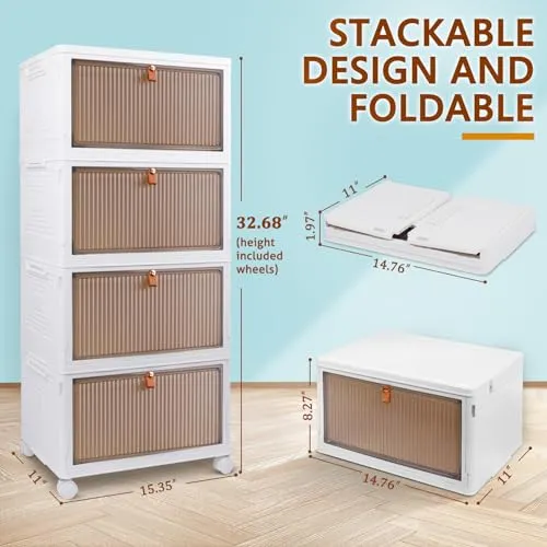4 Tier Stackable Plastic Storage Bins with Lids and Wheels - 23QT Closet Organizers and Storage, Foldable Storage Containers, Organization and Storage Boxes for Home, Pantry, Office, Dorm Room