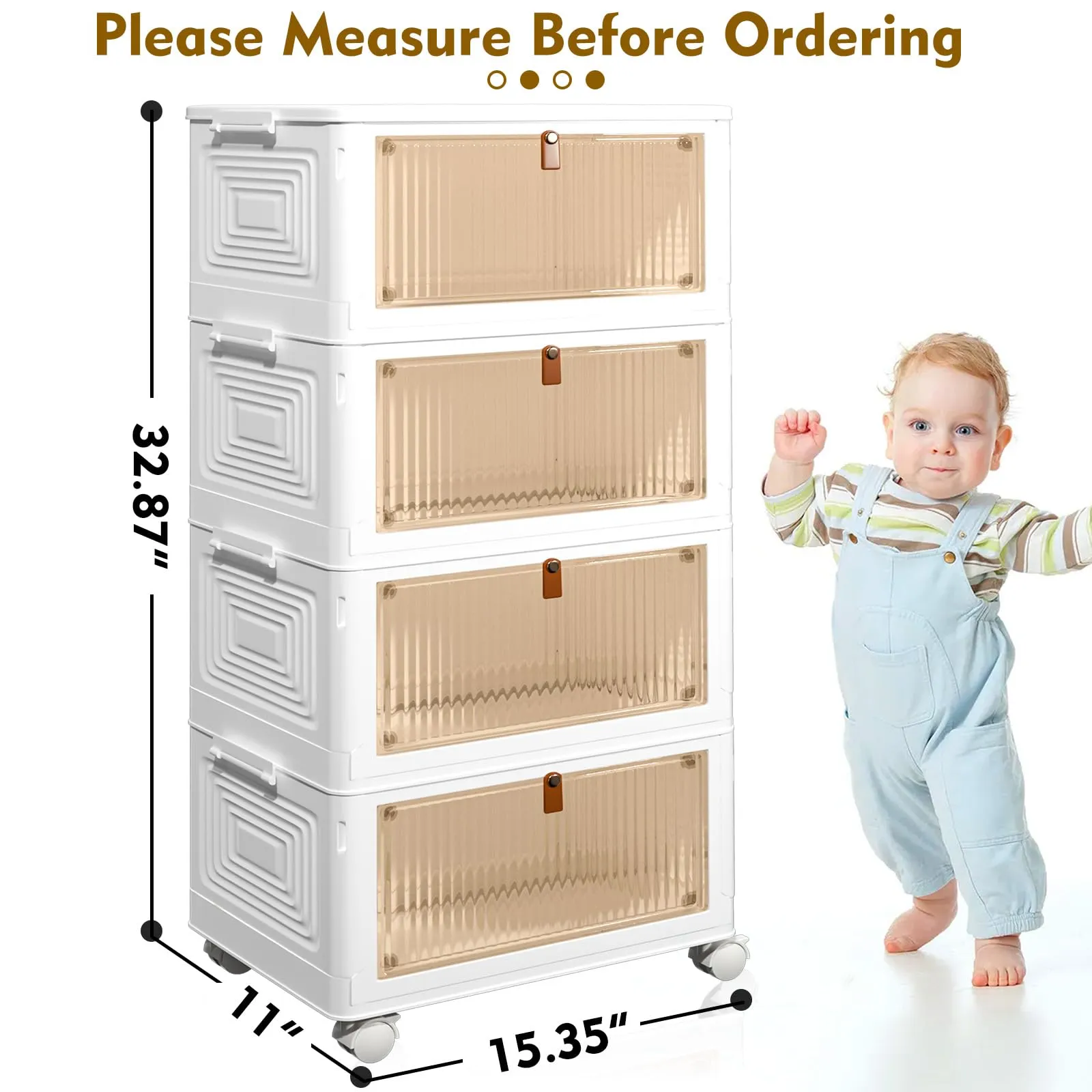 4 Tier Stackable Storage Bins with Lids, 23Qt Plastic Storage Containers with Magnetic Doors & Wheels, Collapsible Storage Bins Closet Organizers, Foldable Organization for Home, Party, Office, Dorm