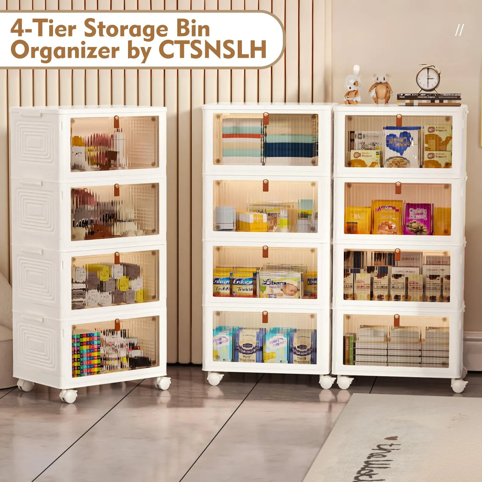 4 Tier Stackable Storage Bins with Lids, 23Qt Plastic Storage Containers with Magnetic Doors & Wheels, Collapsible Storage Bins Closet Organizers, Foldable Organization for Home, Party, Office, Dorm