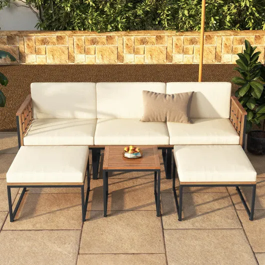 6 Pieces Acacia Wood Patio Furniture Set with Coffee Table and Ottomans-Beige