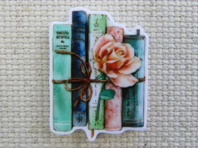 A Bundle of Blue Books with a Pink Rose Needle Minder, Cover Minder, Magnet