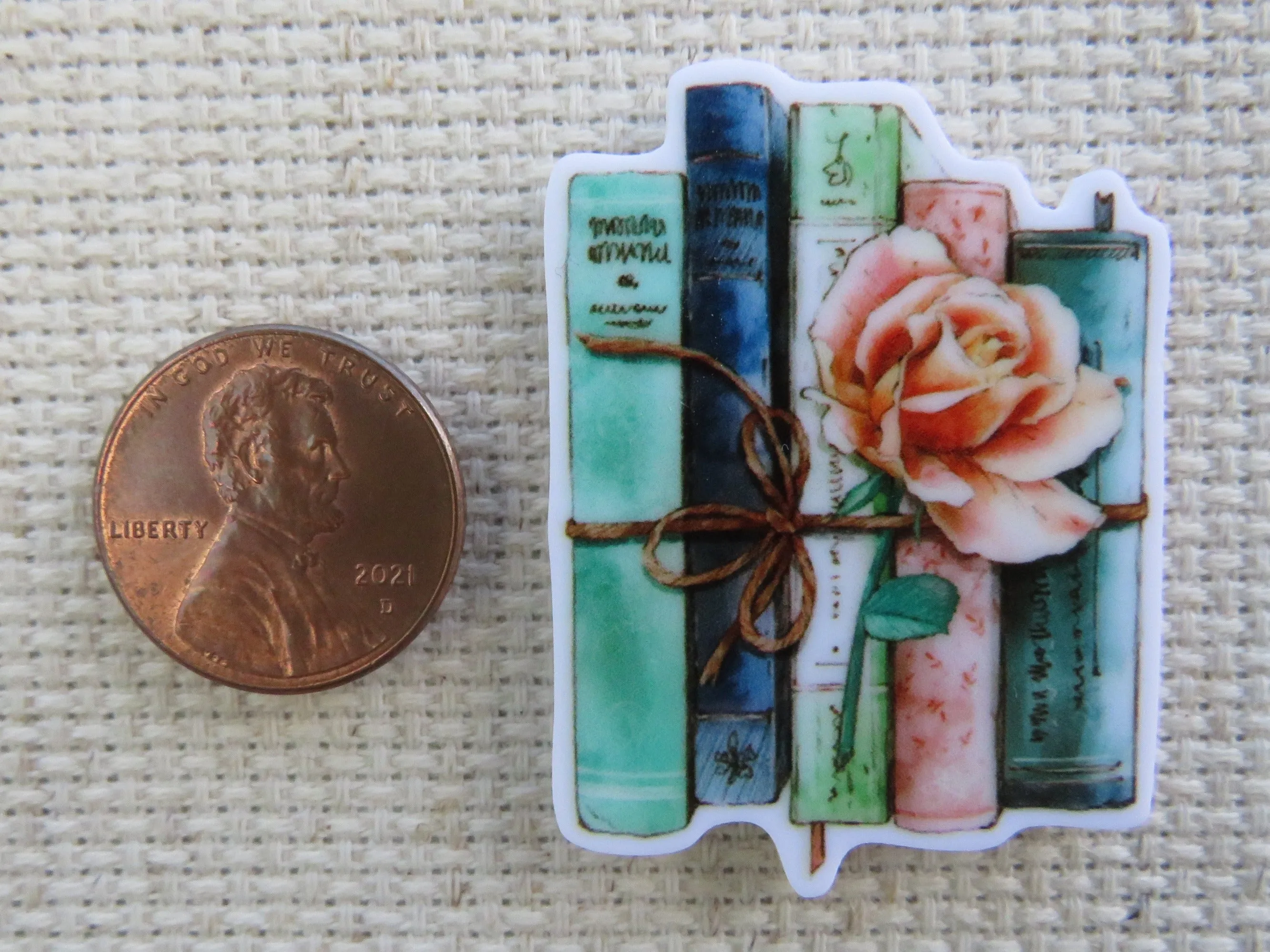 A Bundle of Blue Books with a Pink Rose Needle Minder, Cover Minder, Magnet