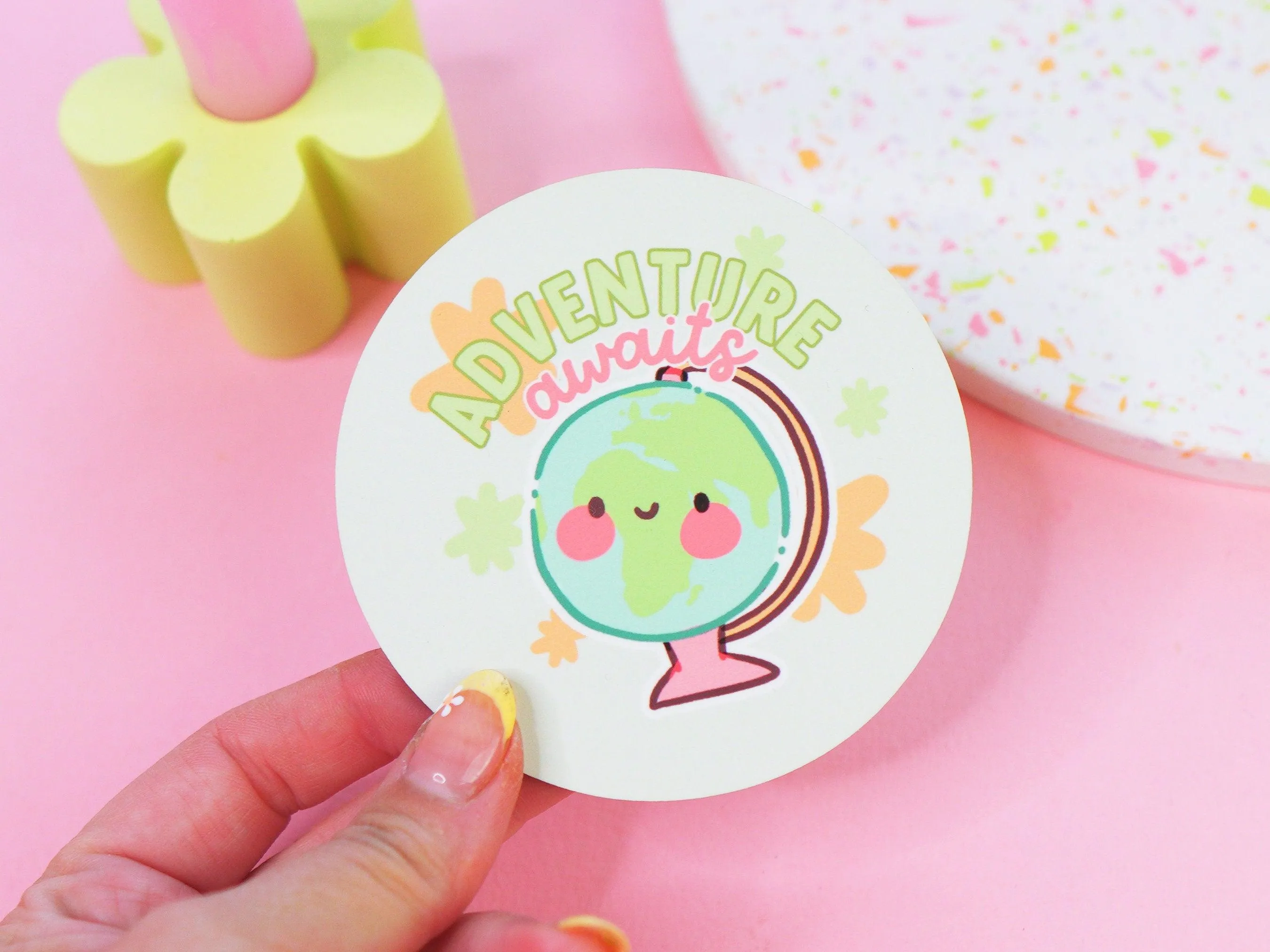 Adventure Awaits Travel Coaster | Wanderlust Drink Holder | Kawaii Globe Design