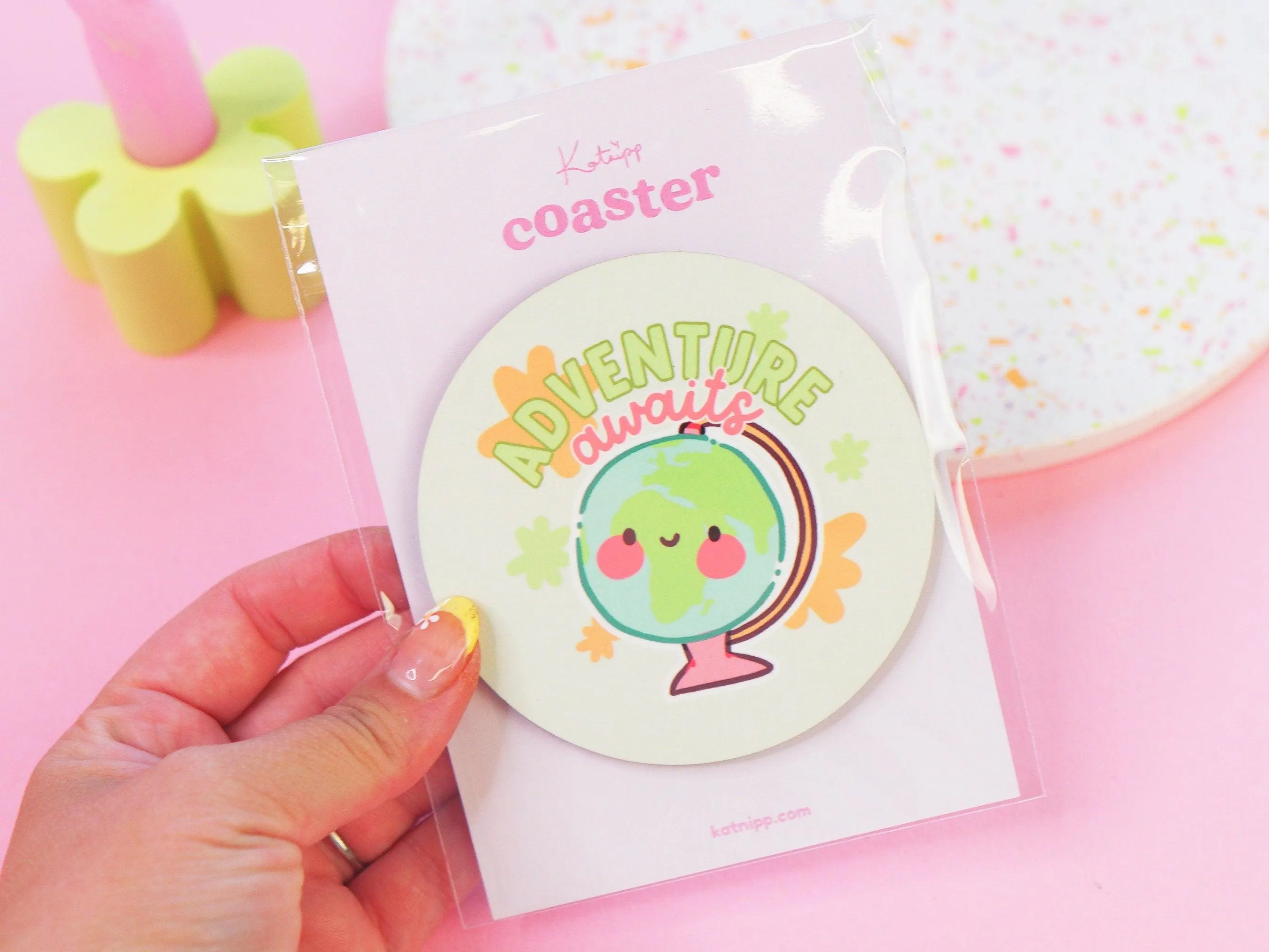 Adventure Awaits Travel Coaster | Wanderlust Drink Holder | Kawaii Globe Design