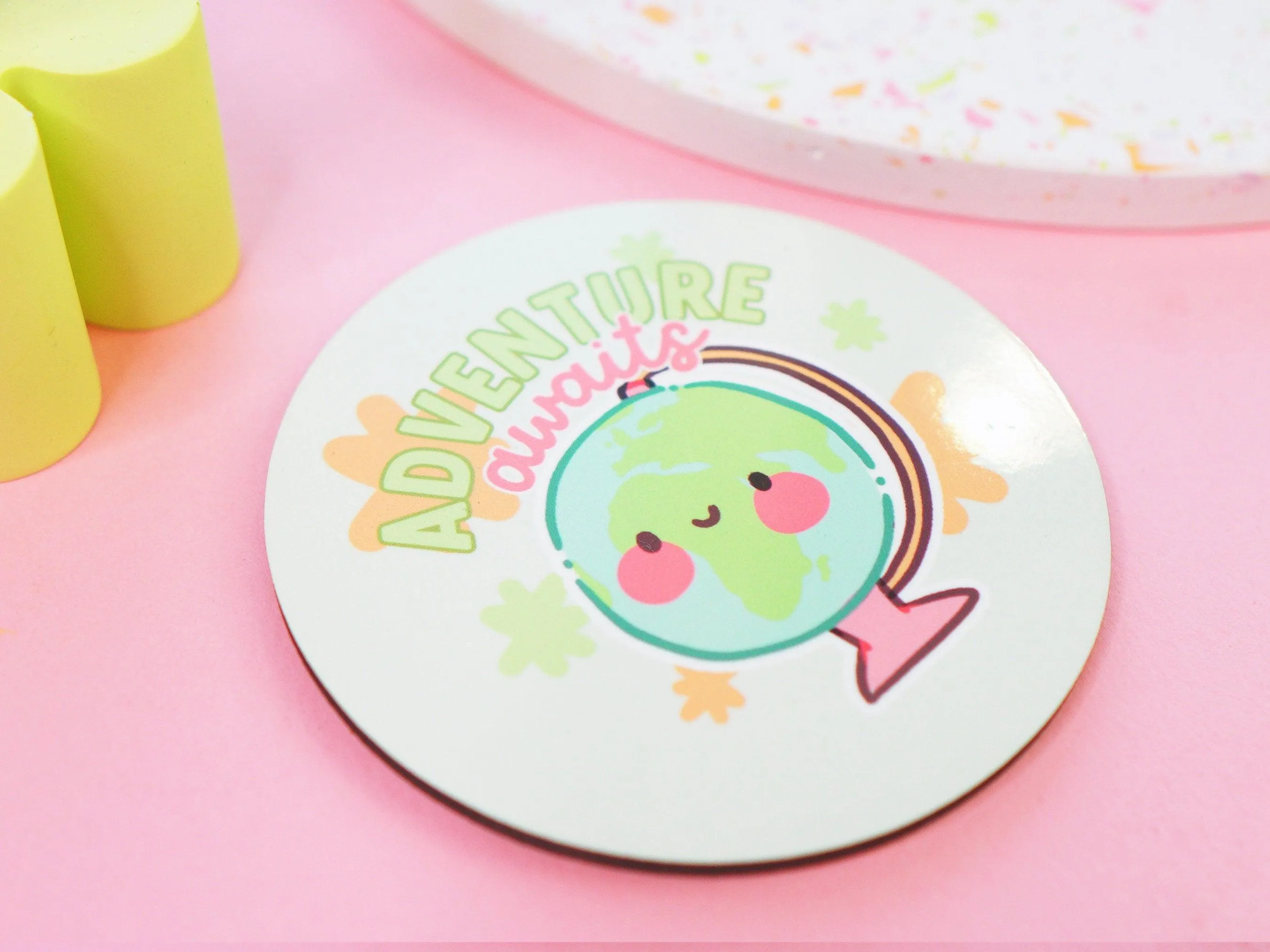 Adventure Awaits Travel Coaster | Wanderlust Drink Holder | Kawaii Globe Design