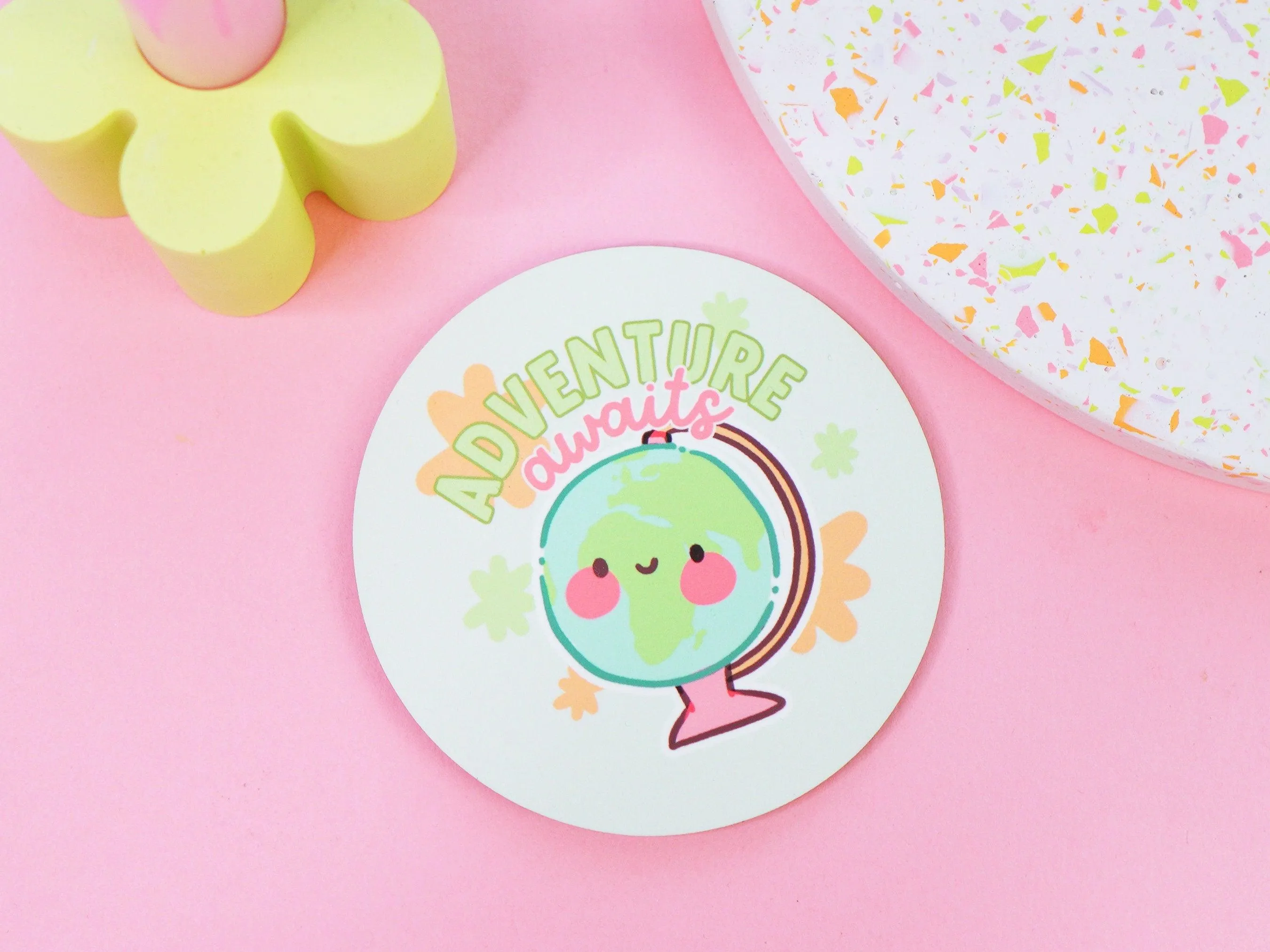 Adventure Awaits Travel Coaster | Wanderlust Drink Holder | Kawaii Globe Design