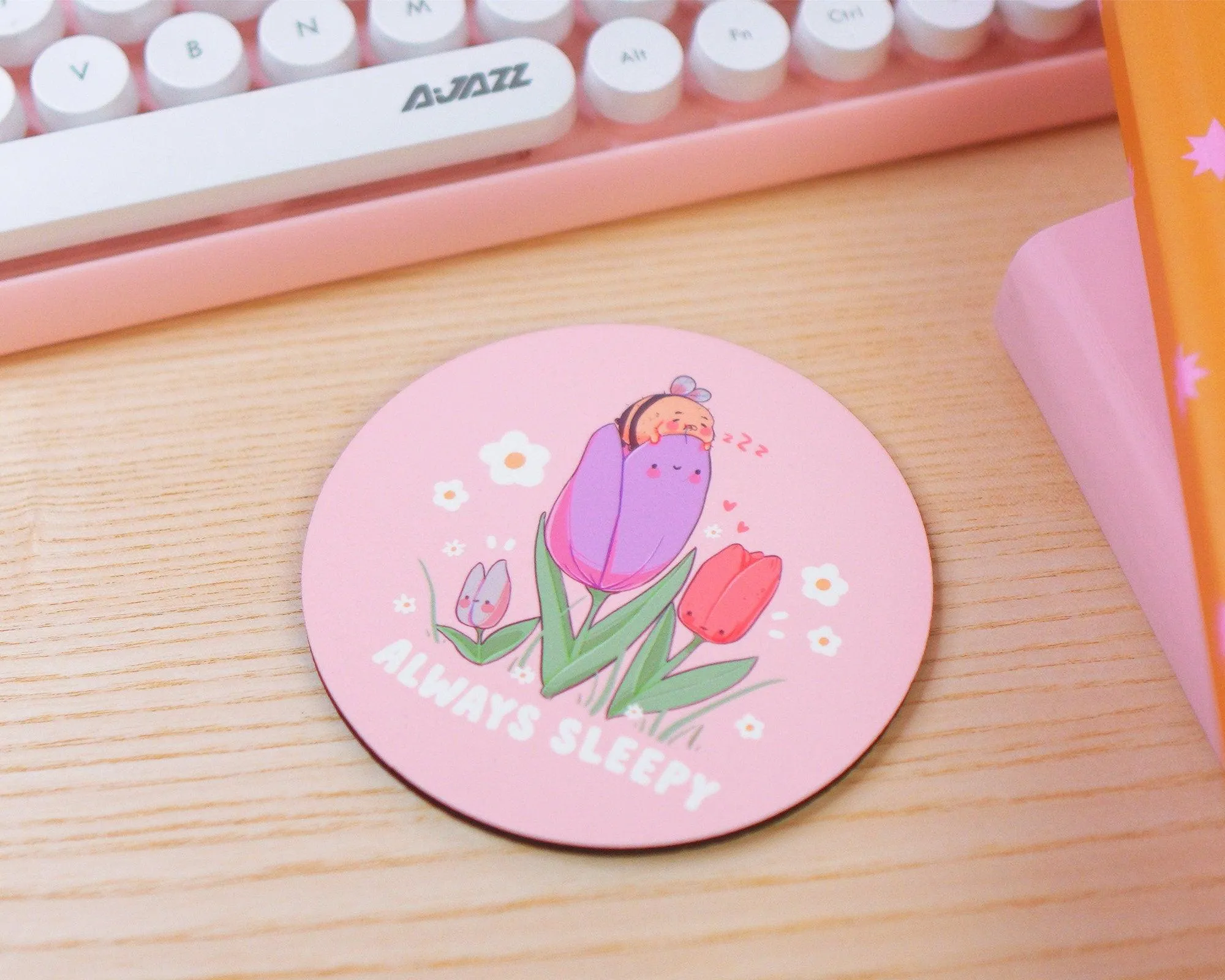 Always Sleepy Bumblebutt Coaster | Kawaii Bee Springtime Drink Holder | Cute Floral Coffee Coaster