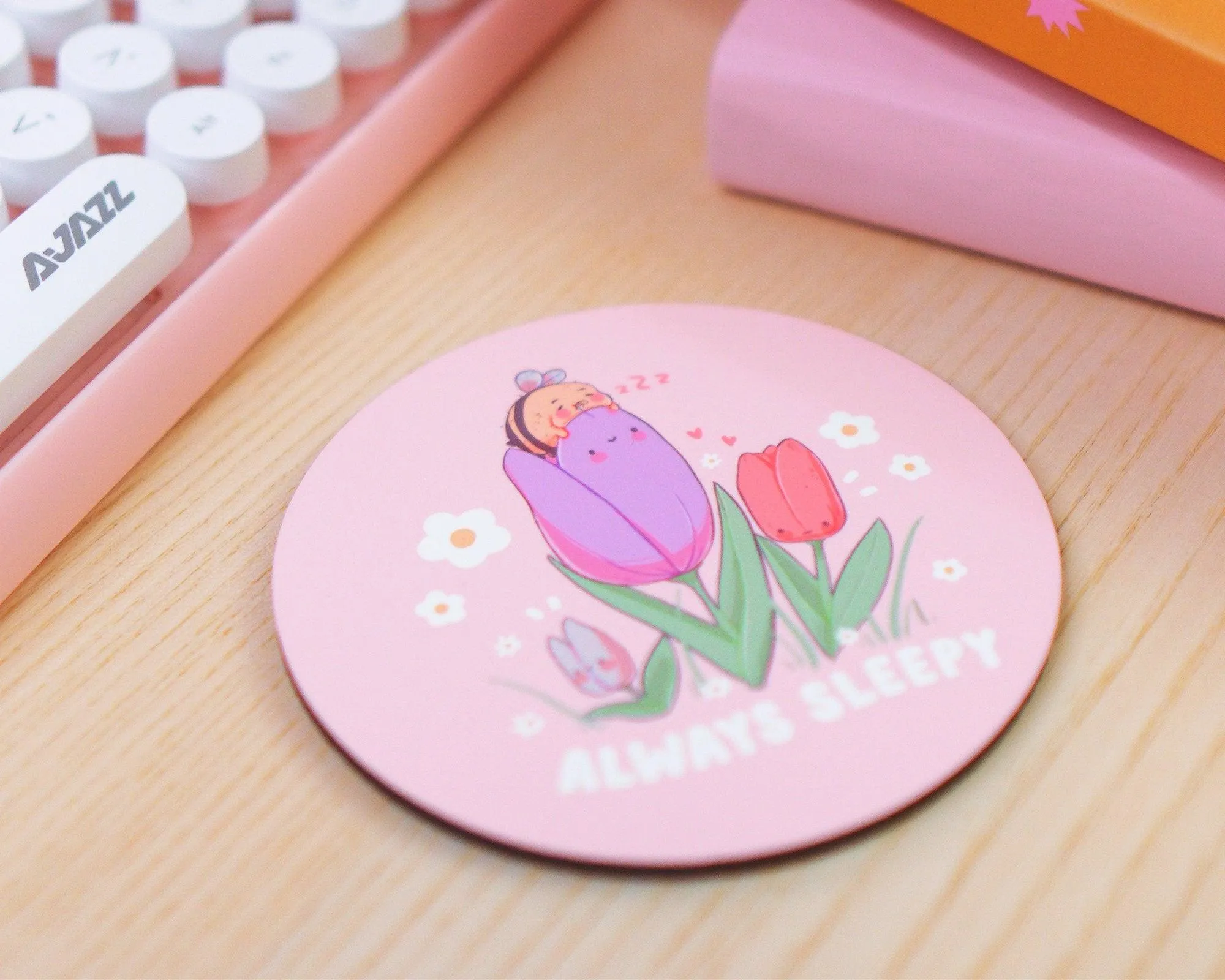 Always Sleepy Bumblebutt Coaster | Kawaii Bee Springtime Drink Holder | Cute Floral Coffee Coaster