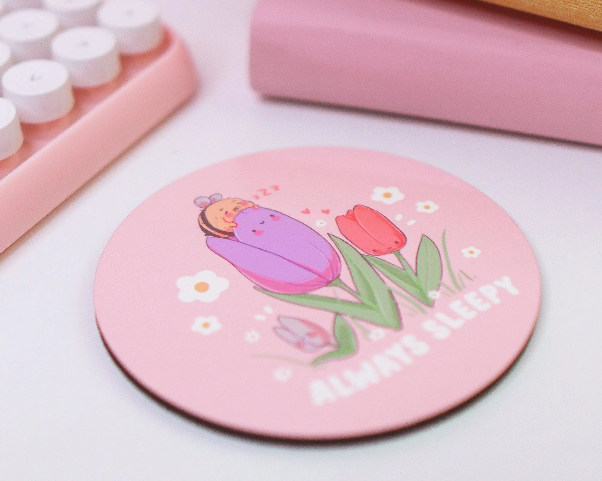 Always Sleepy Bumblebutt Coaster | Kawaii Bee Springtime Drink Holder | Cute Floral Coffee Coaster