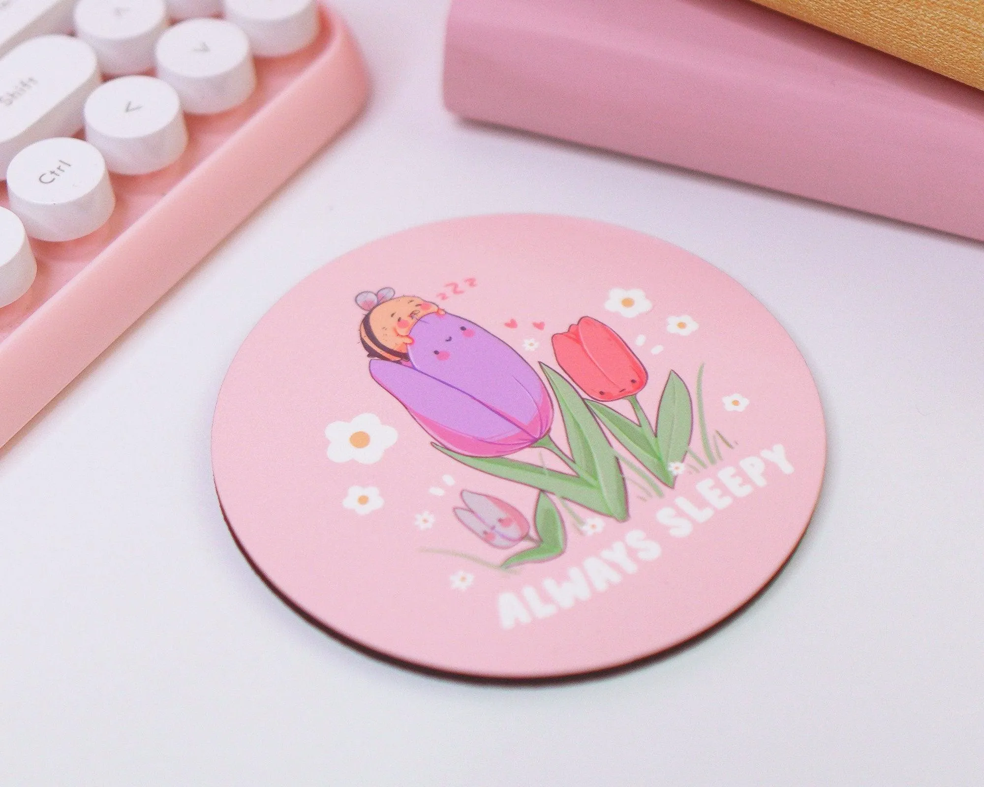 Always Sleepy Bumblebutt Coaster | Kawaii Bee Springtime Drink Holder | Cute Floral Coffee Coaster