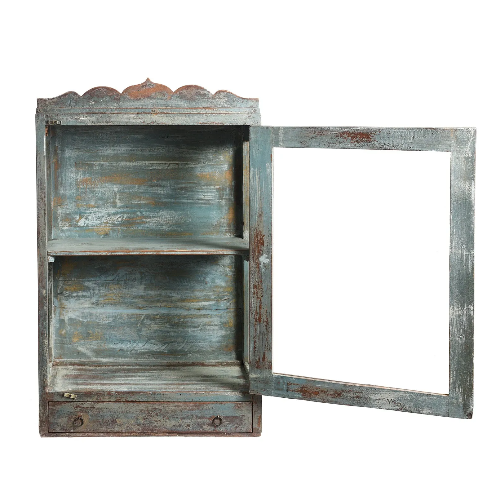 Blue Painted Glazed Large Wall Cabinet - Ca 1920