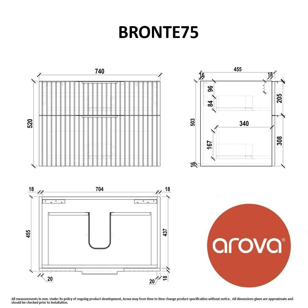 Bronte 750mm Wall Hung Bathroom Vanity - Matte Black