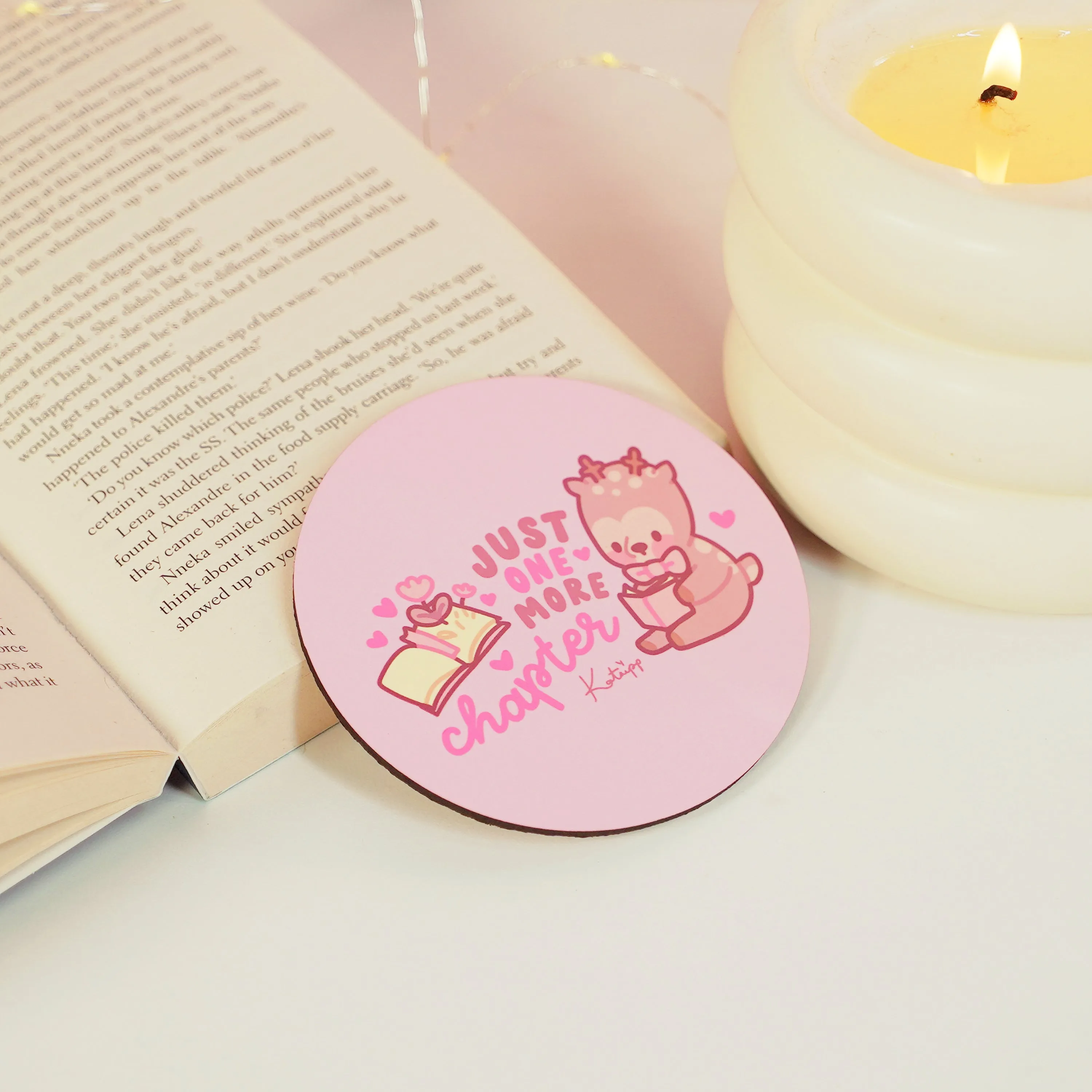 Cinnamon One More Chapter Coaster | Kawaii Bookish Desk Accessory for Book Lovers & Cozy Reading Nooks