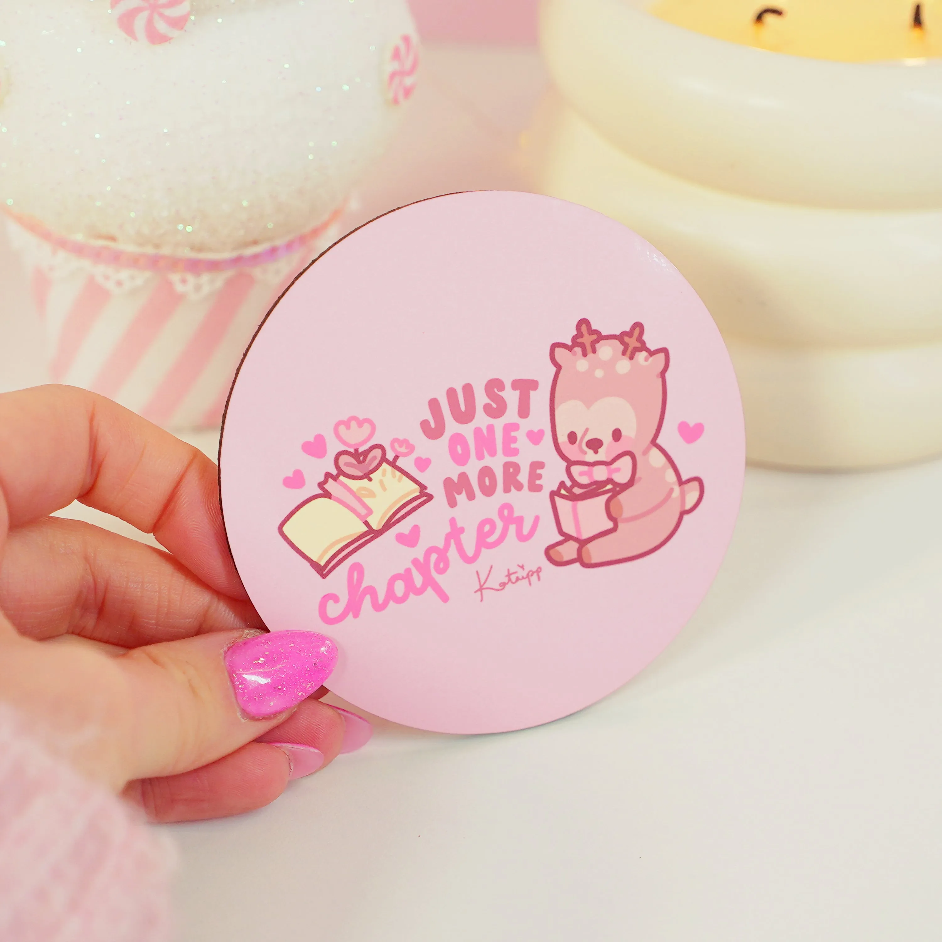 Cinnamon One More Chapter Coaster | Kawaii Bookish Desk Accessory for Book Lovers & Cozy Reading Nooks