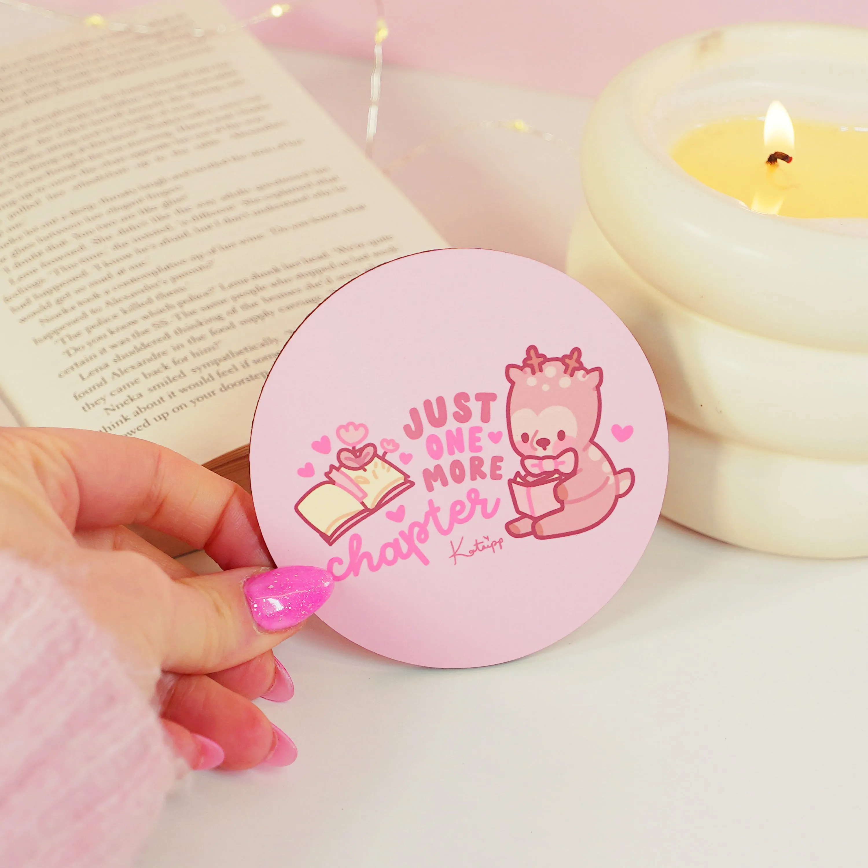 Cinnamon One More Chapter Coaster | Kawaii Bookish Desk Accessory for Book Lovers & Cozy Reading Nooks