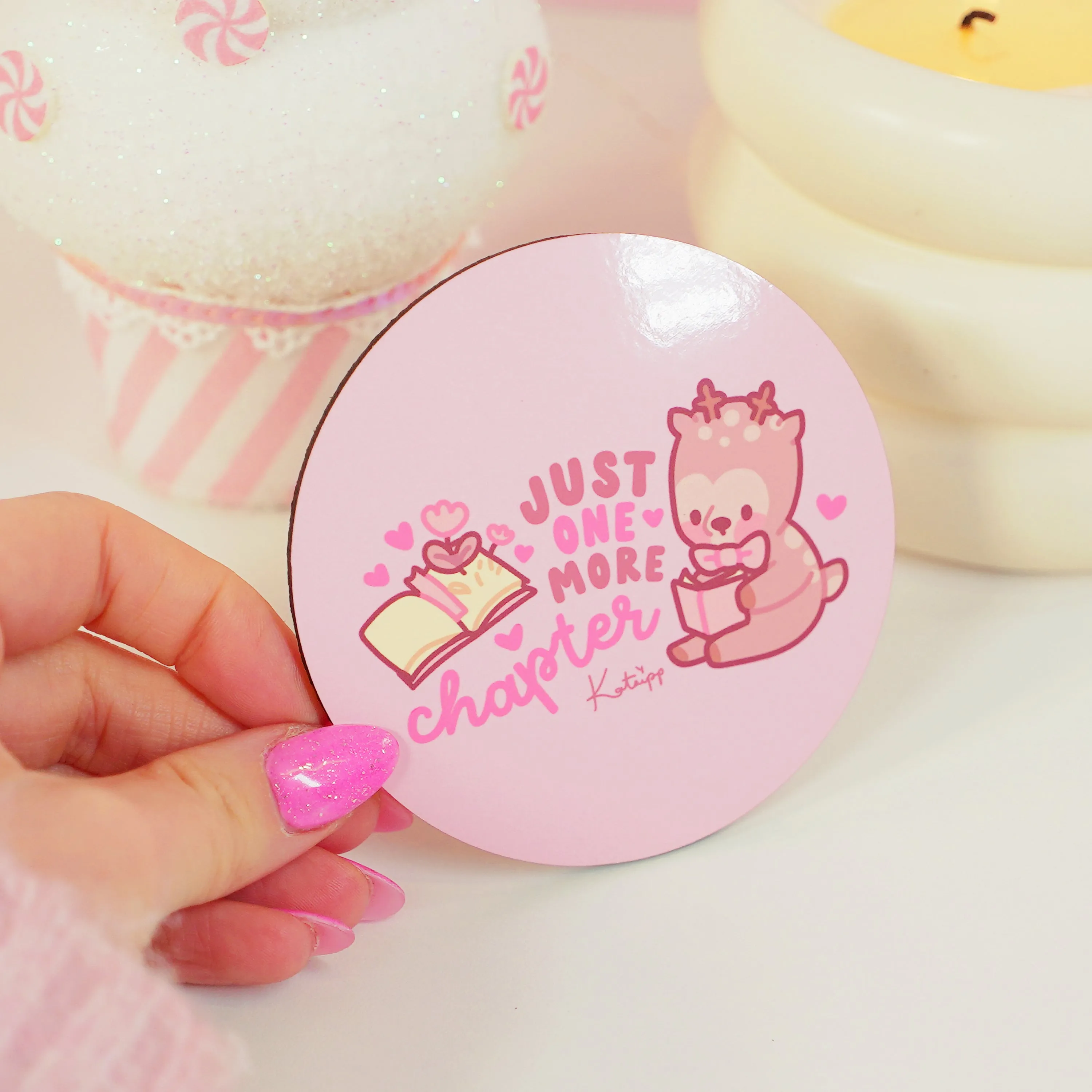Cinnamon One More Chapter Coaster | Kawaii Bookish Desk Accessory for Book Lovers & Cozy Reading Nooks