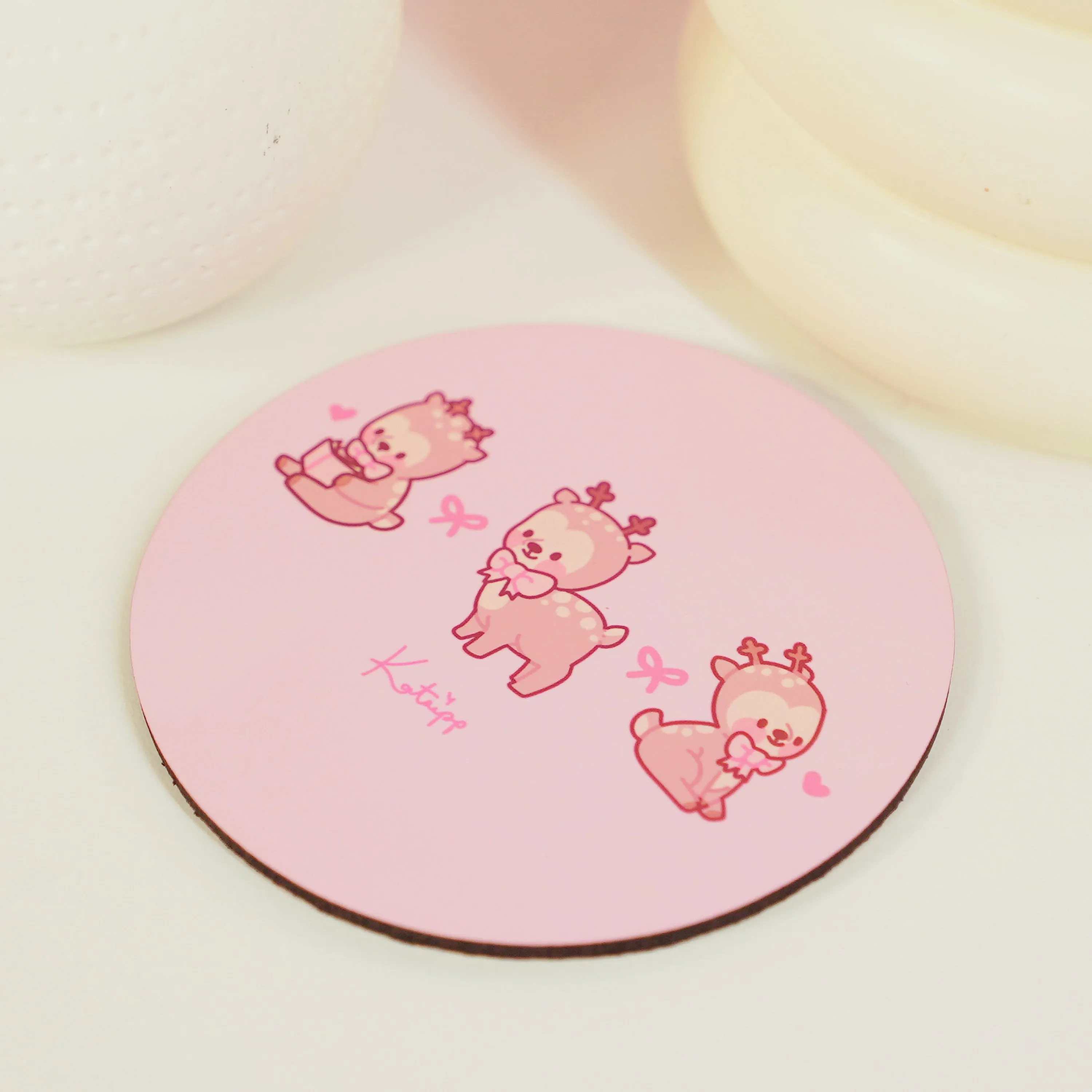 Cinnamon the Chubby Reindeer Coaster | Kawaii Christmas & Holiday Desk Decor | Festive Pink Coquette Bow & Hearts