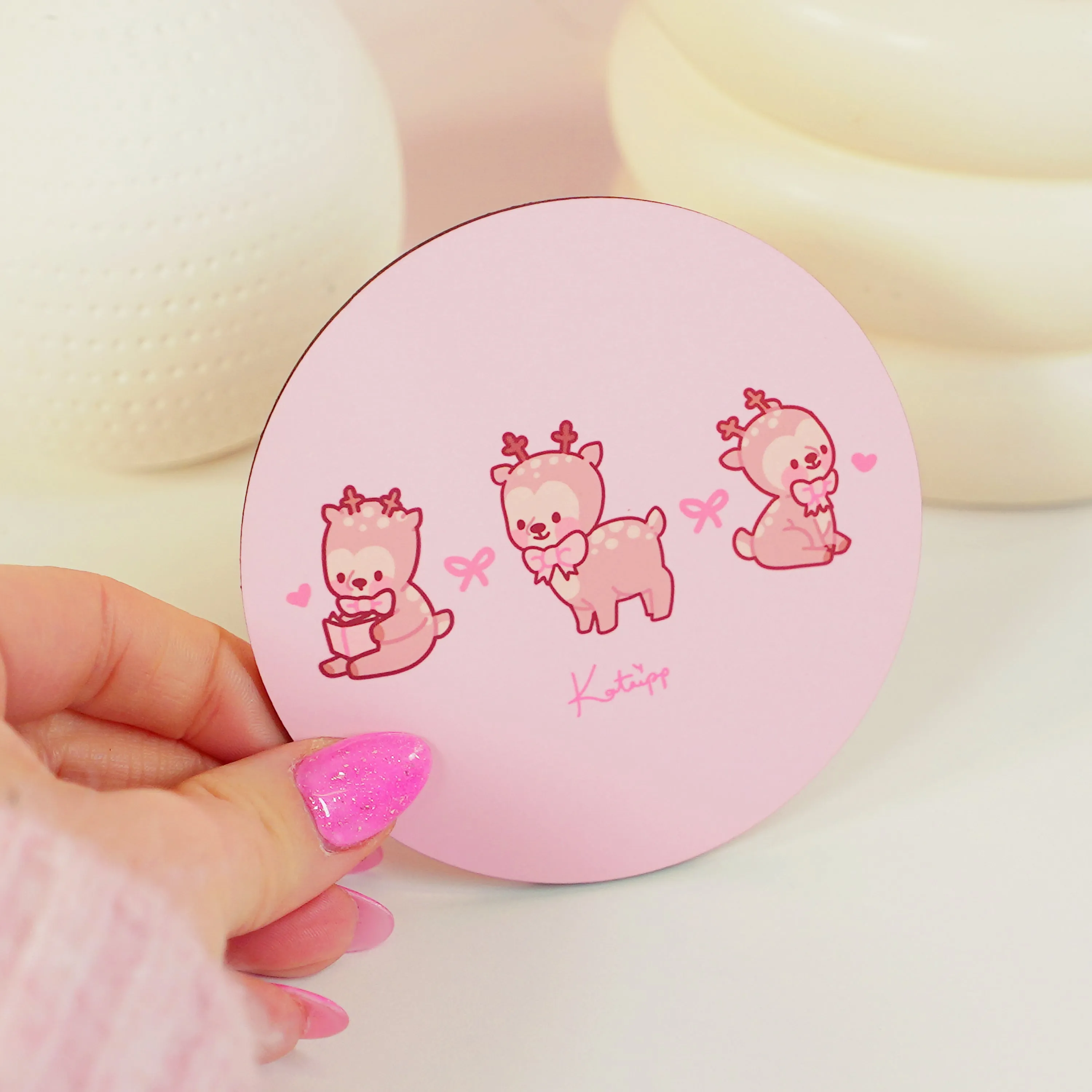 Cinnamon the Chubby Reindeer Coaster | Kawaii Christmas & Holiday Desk Decor | Festive Pink Coquette Bow & Hearts
