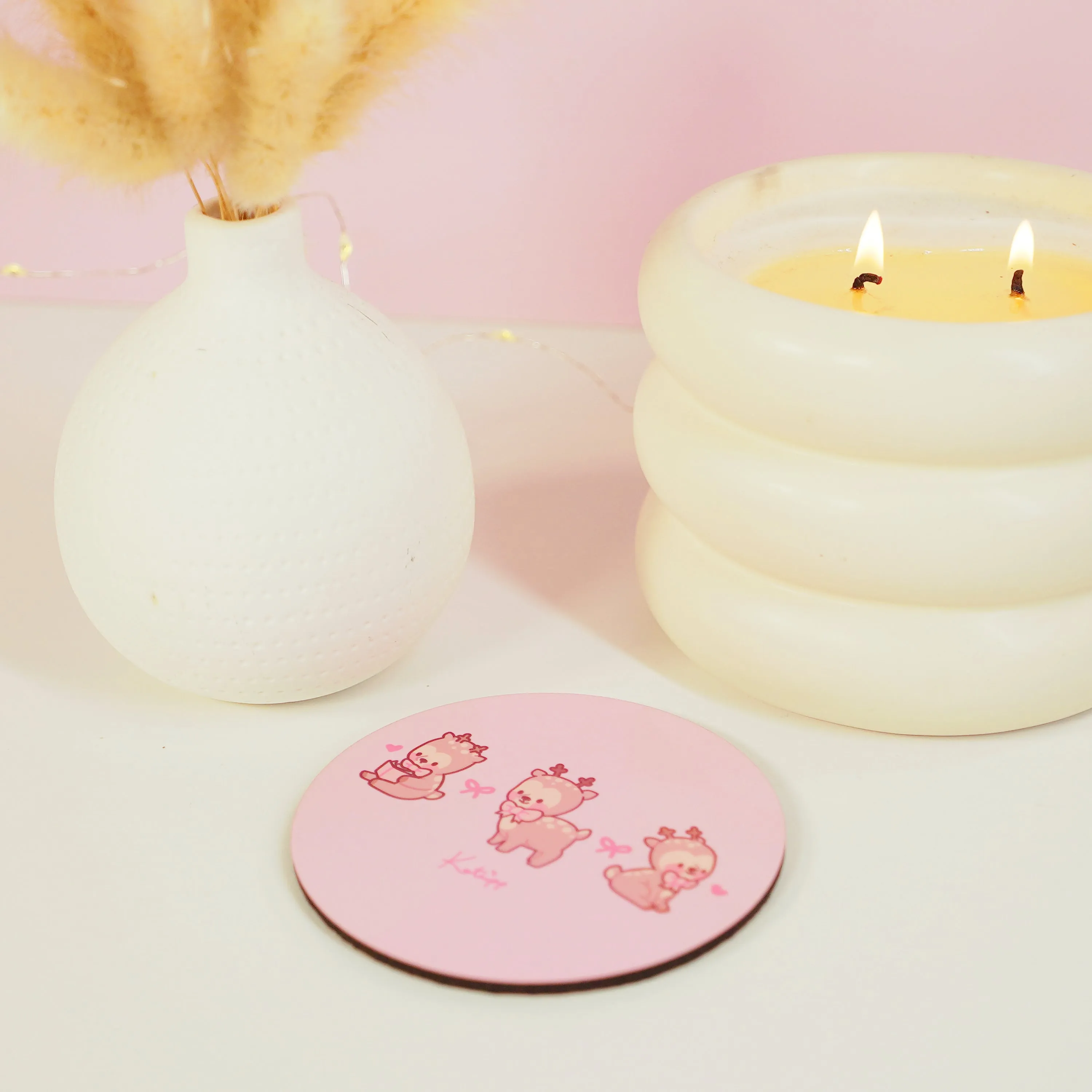 Cinnamon the Chubby Reindeer Coaster | Kawaii Christmas & Holiday Desk Decor | Festive Pink Coquette Bow & Hearts