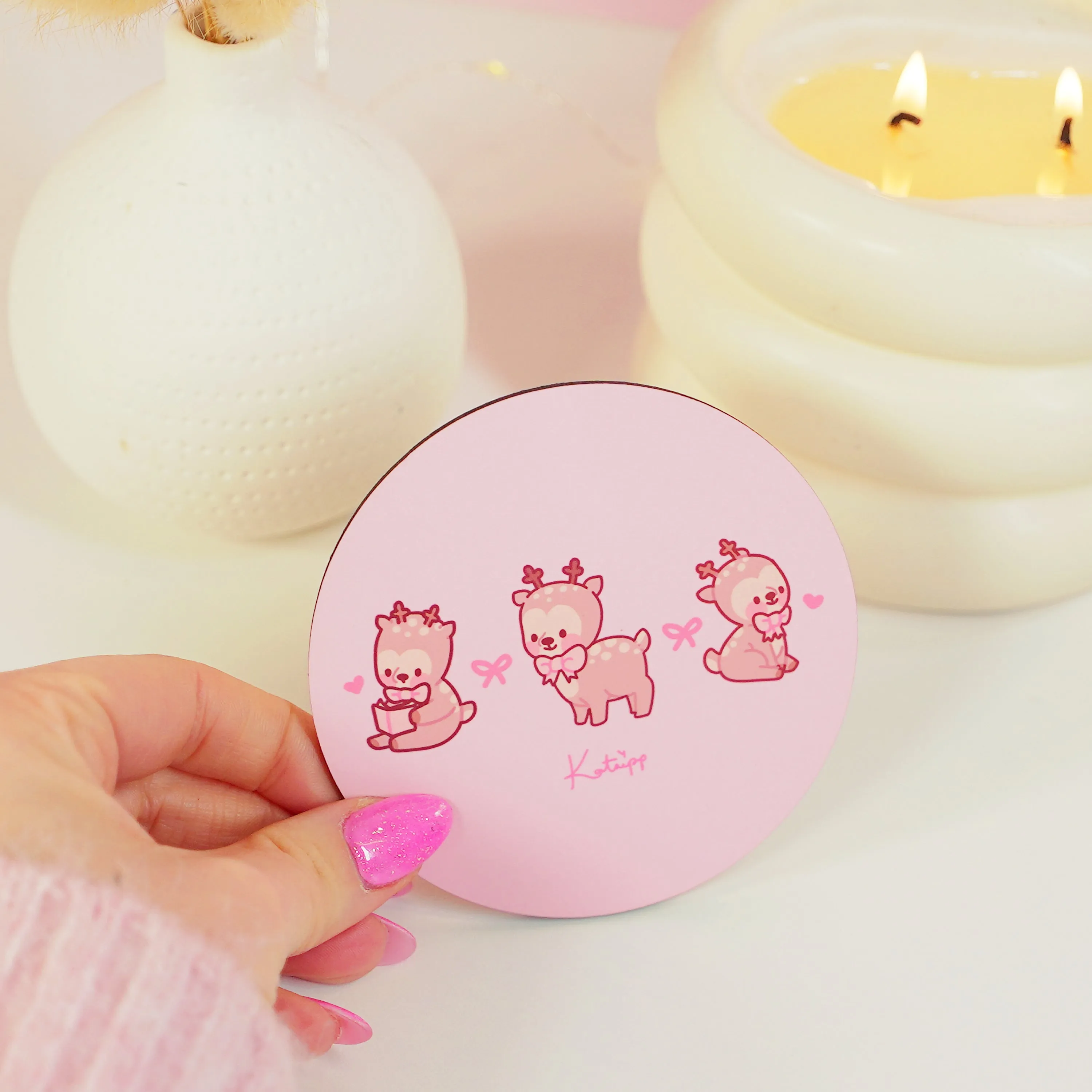 Cinnamon the Chubby Reindeer Coaster | Kawaii Christmas & Holiday Desk Decor | Festive Pink Coquette Bow & Hearts