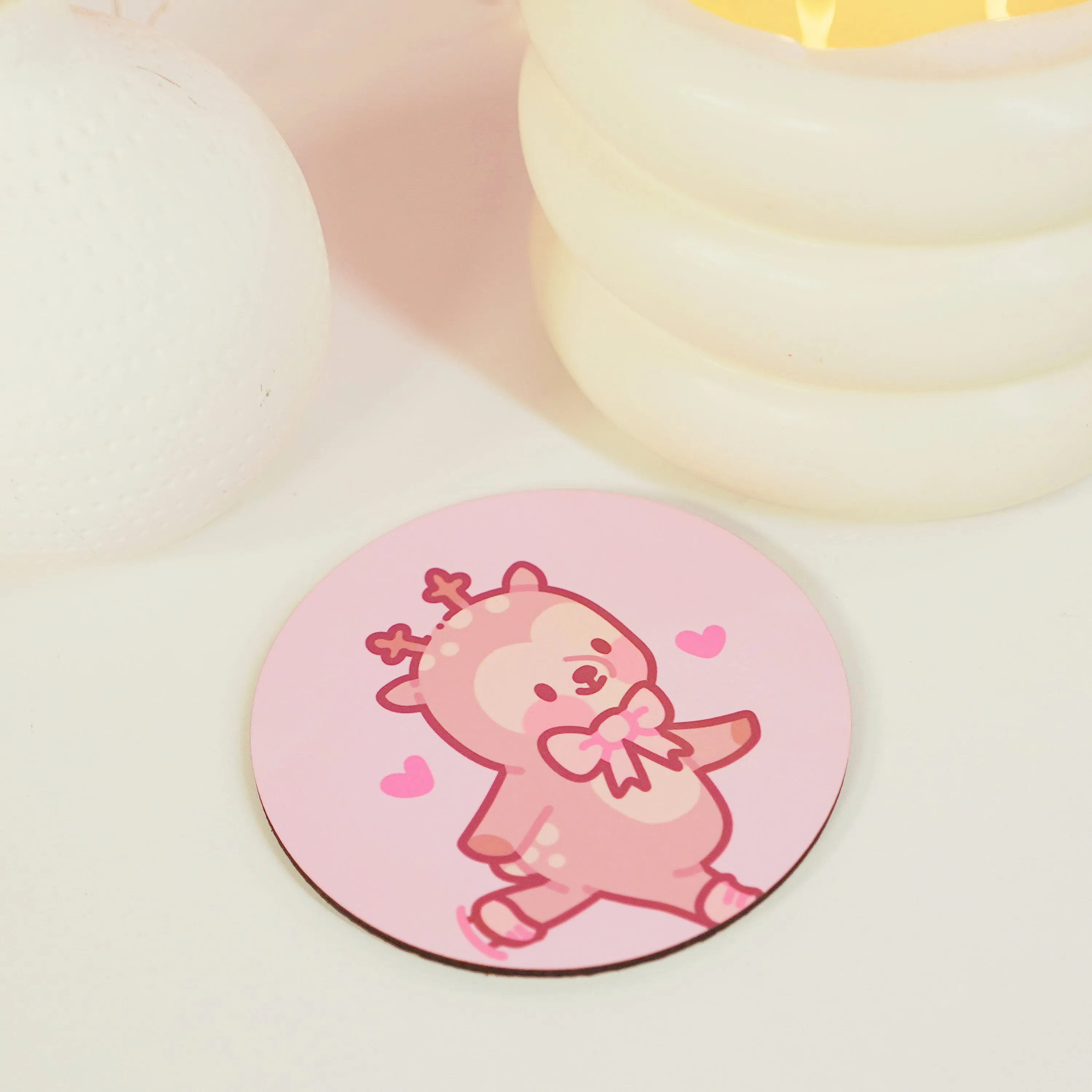 Cinnamon the Chubby Reindeer Ice Skating Coaster | Kawaii Pink Coquette Christmas Decor | Festive Drinkware Accessory