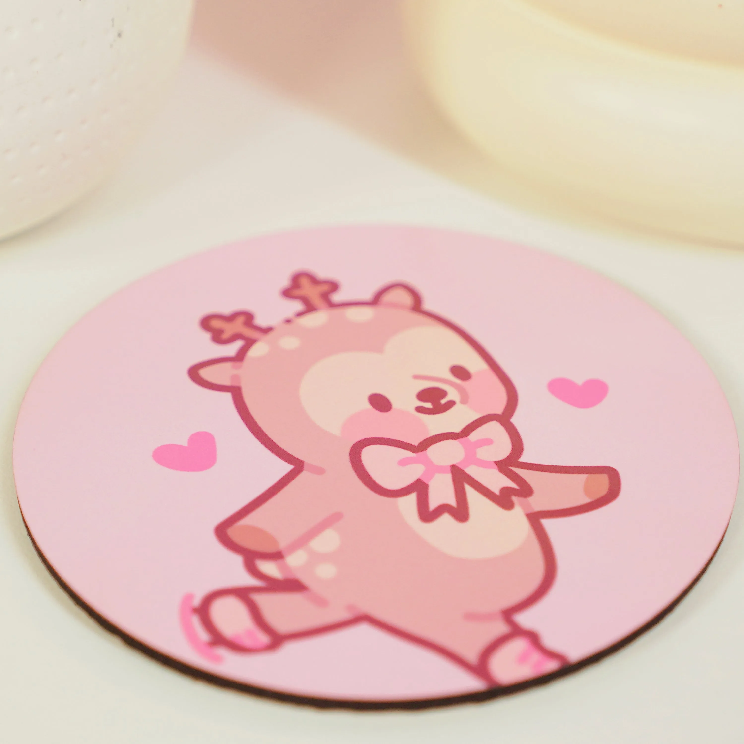 Cinnamon the Chubby Reindeer Ice Skating Coaster | Kawaii Pink Coquette Christmas Decor | Festive Drinkware Accessory