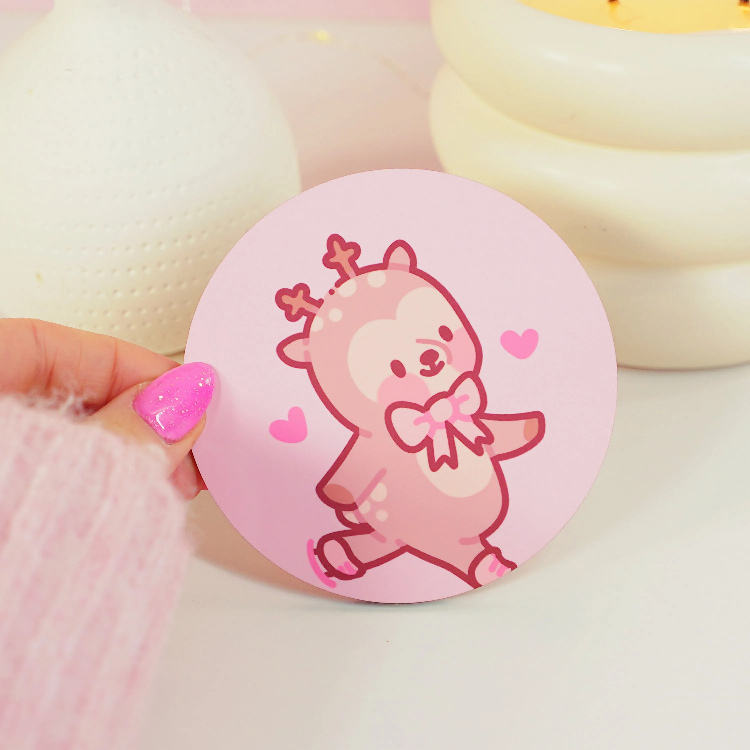 Cinnamon the Chubby Reindeer Ice Skating Coaster | Kawaii Pink Coquette Christmas Decor | Festive Drinkware Accessory