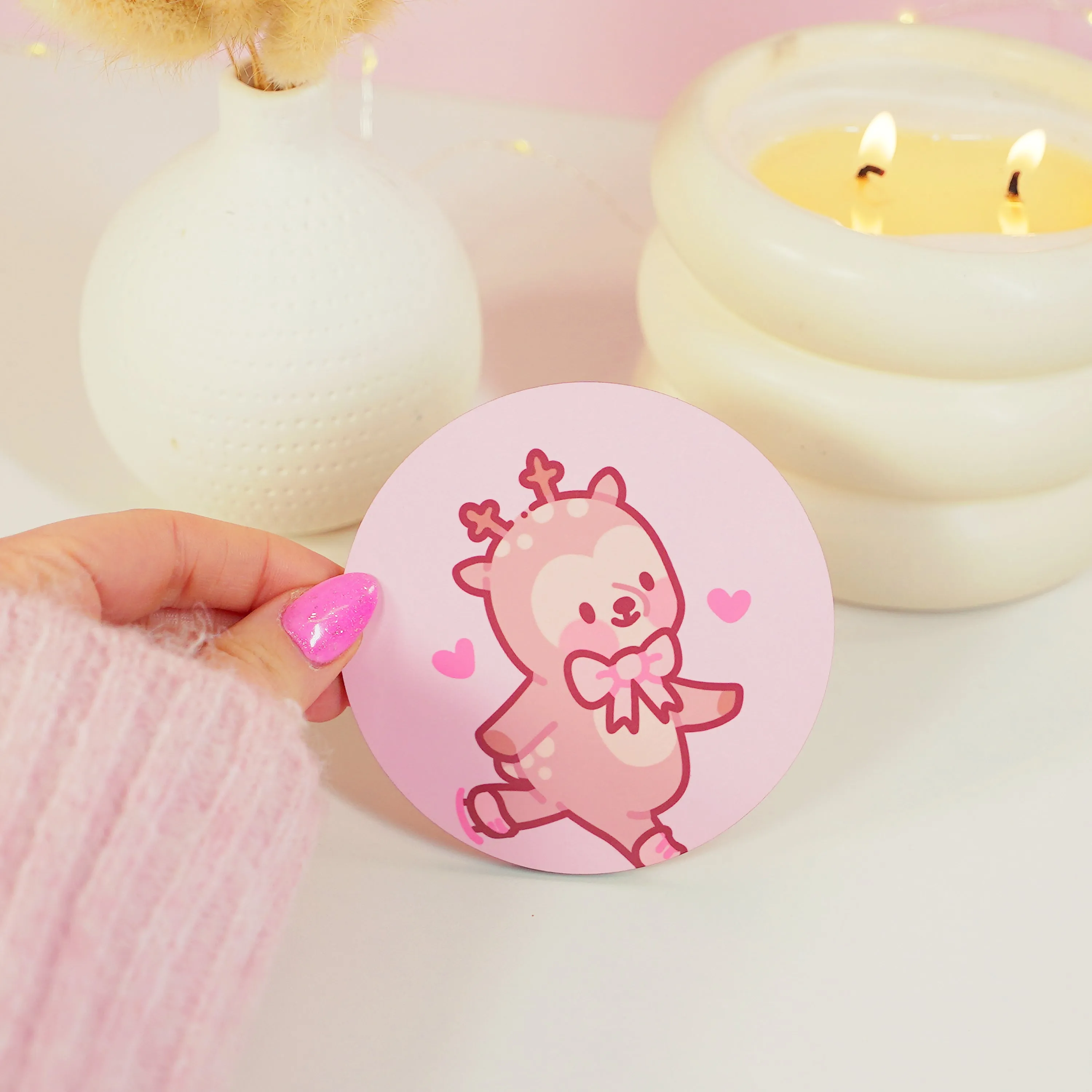 Cinnamon the Chubby Reindeer Ice Skating Coaster | Kawaii Pink Coquette Christmas Decor | Festive Drinkware Accessory