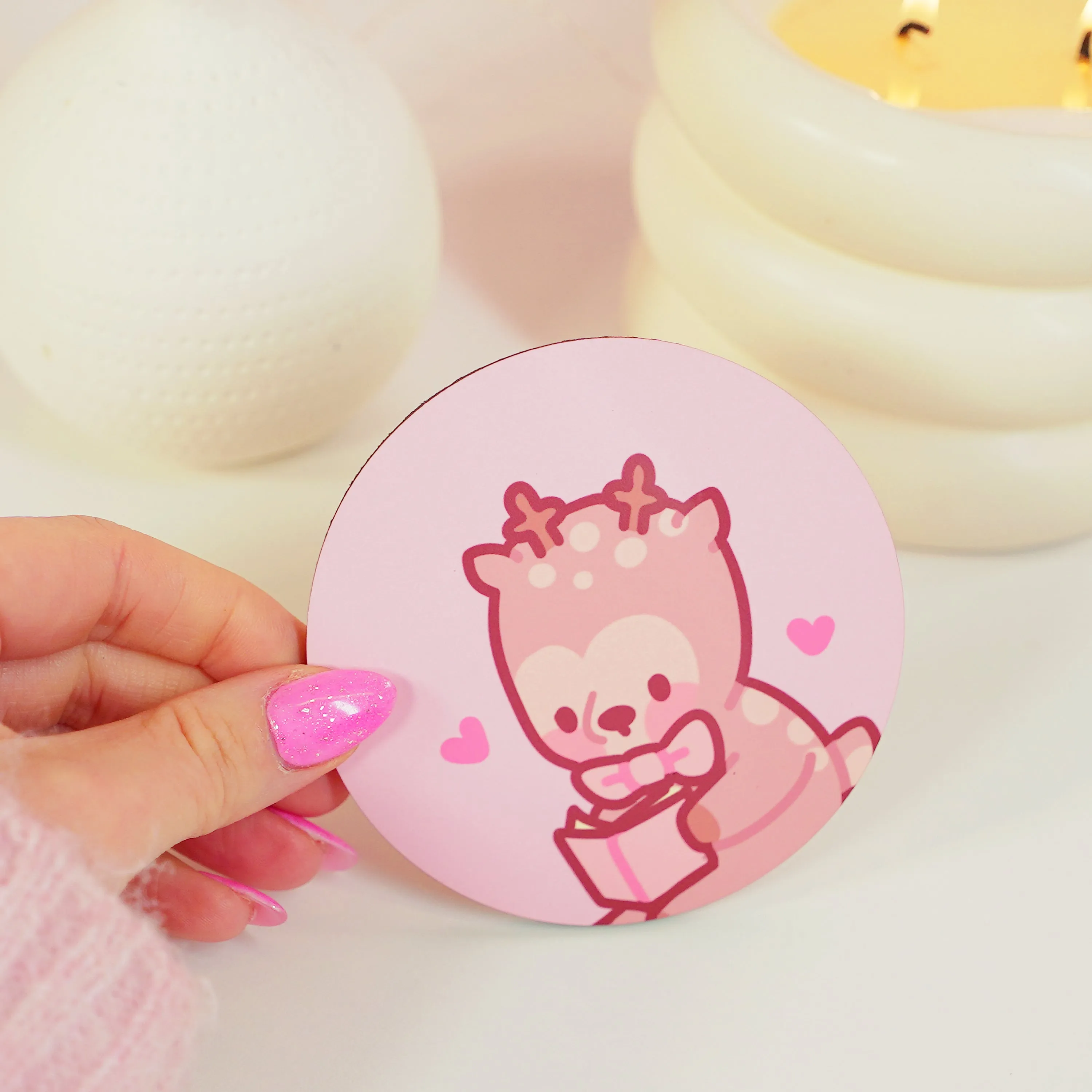 Cinnamon the Chubby Reindeer Reading Coaster | Book-Themed Kawaii Desk Decor | Pink Coquette Christmas Accessory