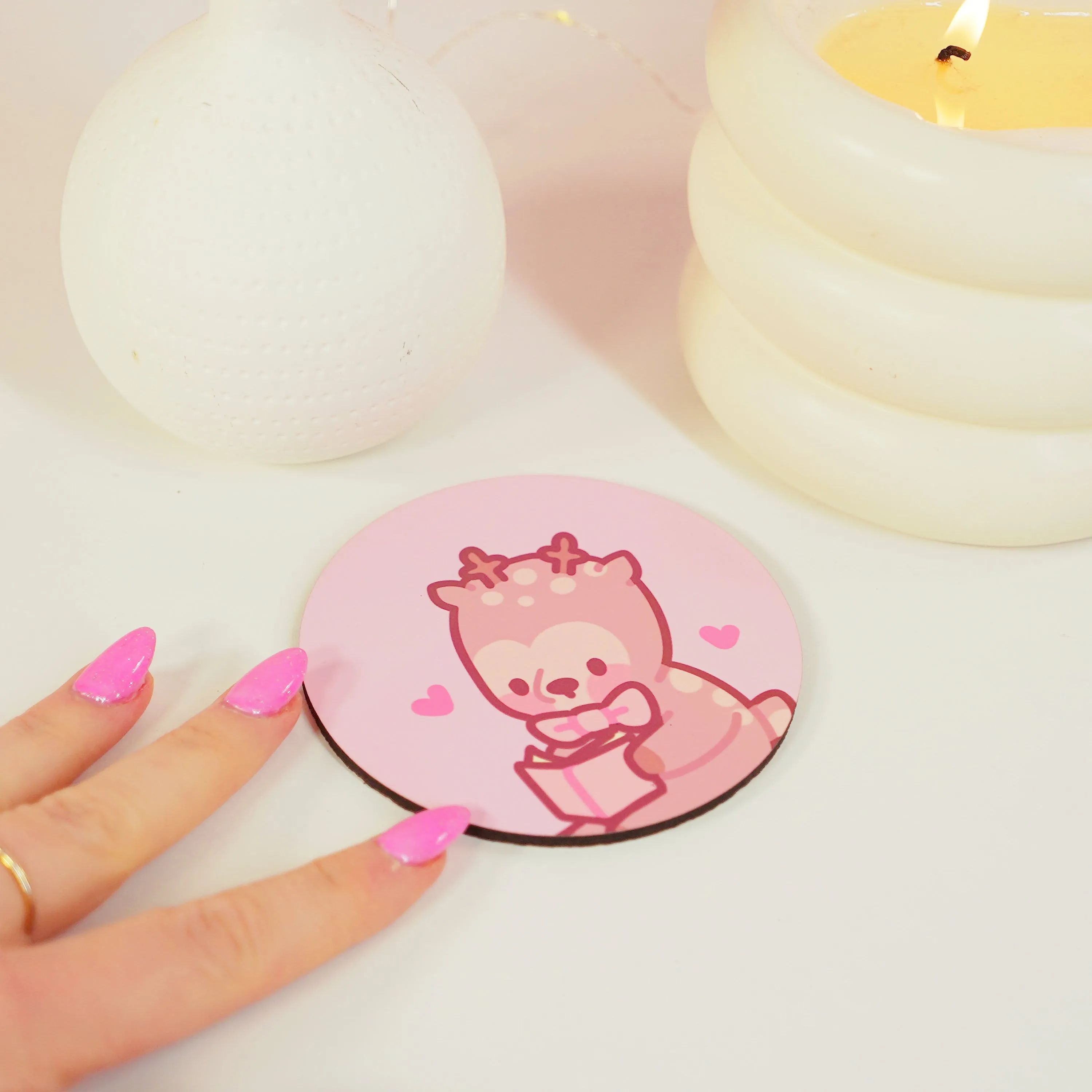 Cinnamon the Chubby Reindeer Reading Coaster | Book-Themed Kawaii Desk Decor | Pink Coquette Christmas Accessory