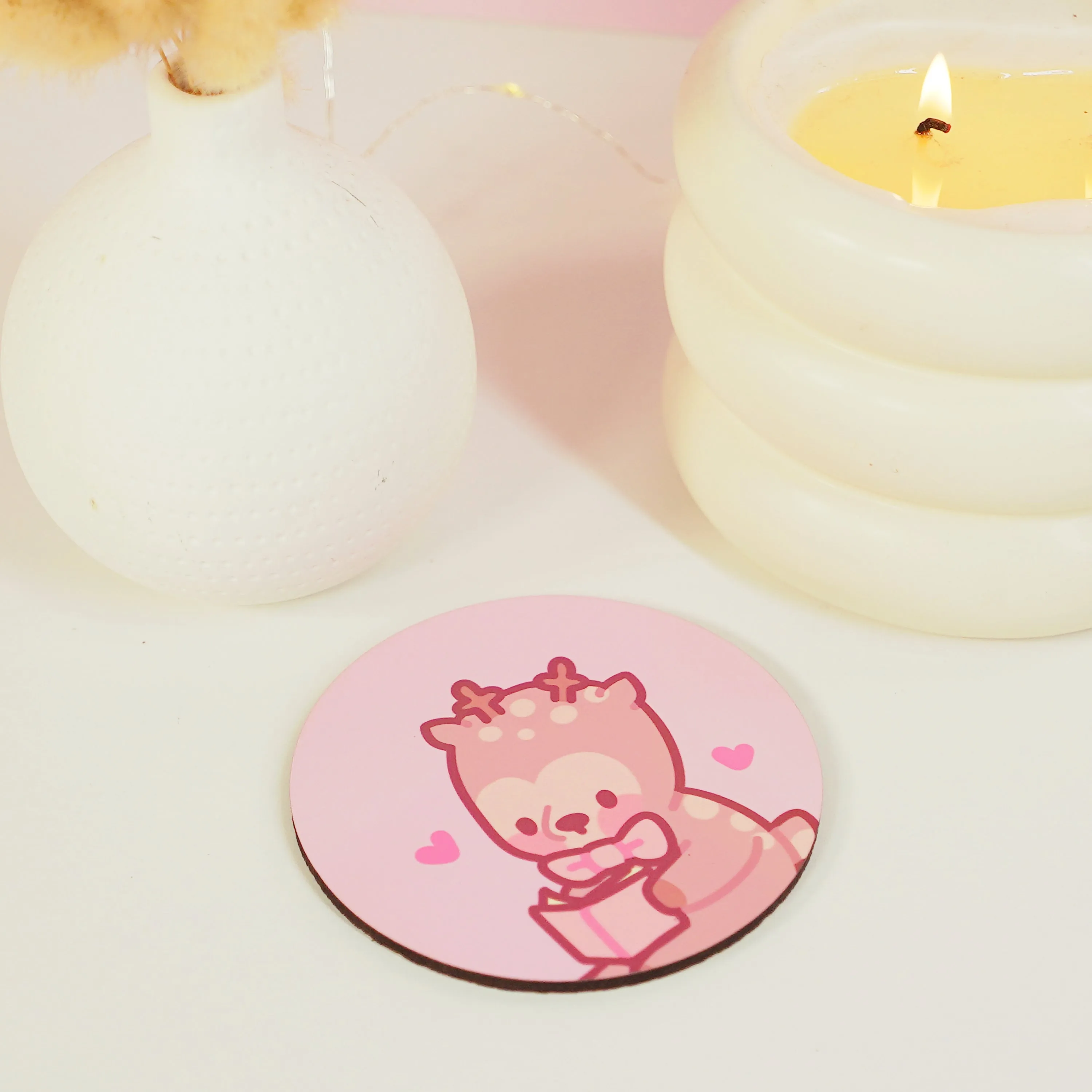 Cinnamon the Chubby Reindeer Reading Coaster | Book-Themed Kawaii Desk Decor | Pink Coquette Christmas Accessory