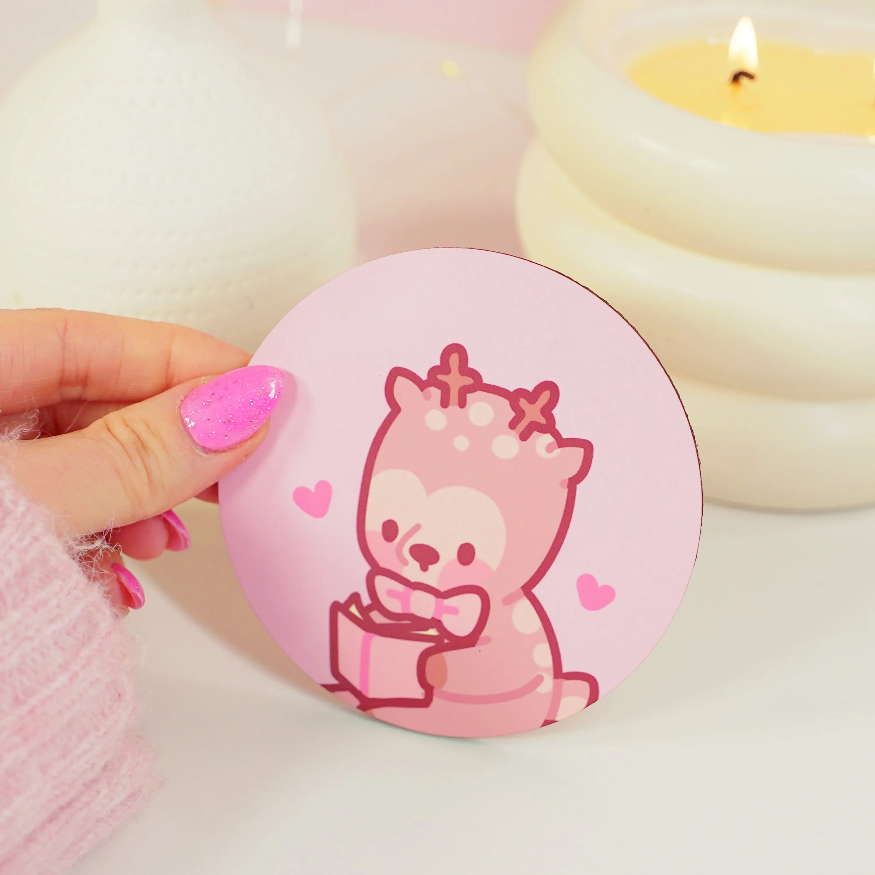 Cinnamon the Chubby Reindeer Reading Coaster | Book-Themed Kawaii Desk Decor | Pink Coquette Christmas Accessory