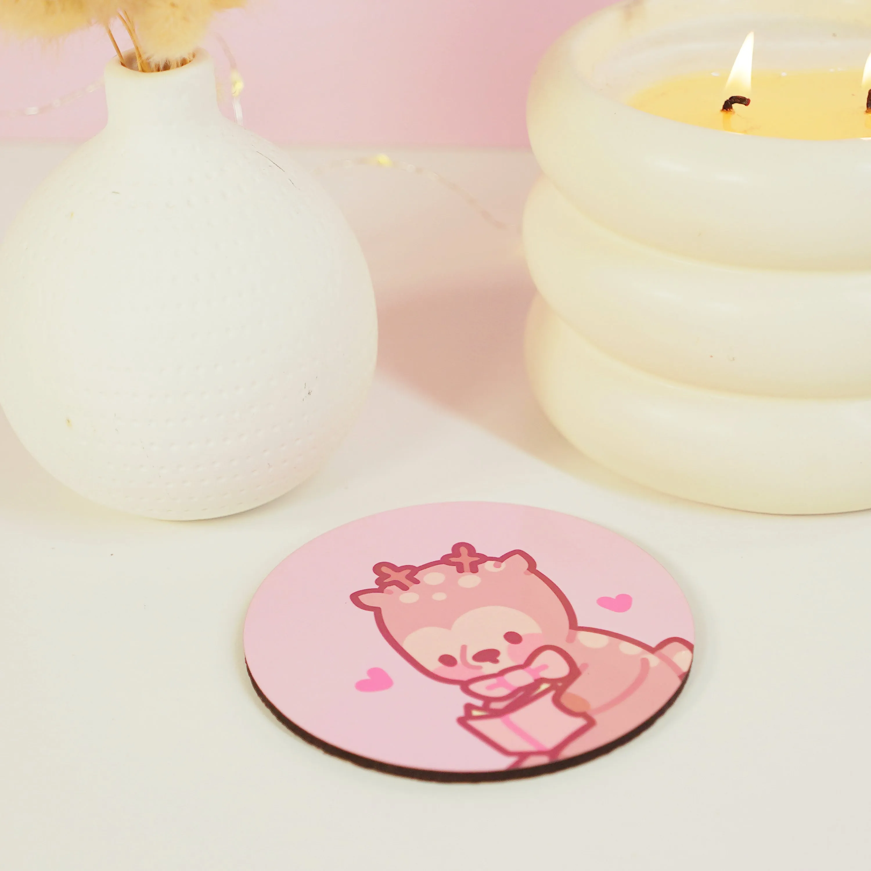 Cinnamon the Chubby Reindeer Reading Coaster | Book-Themed Kawaii Desk Decor | Pink Coquette Christmas Accessory